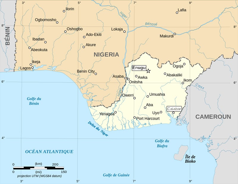 Carte des territoires revendiqués par la république du Biafra.