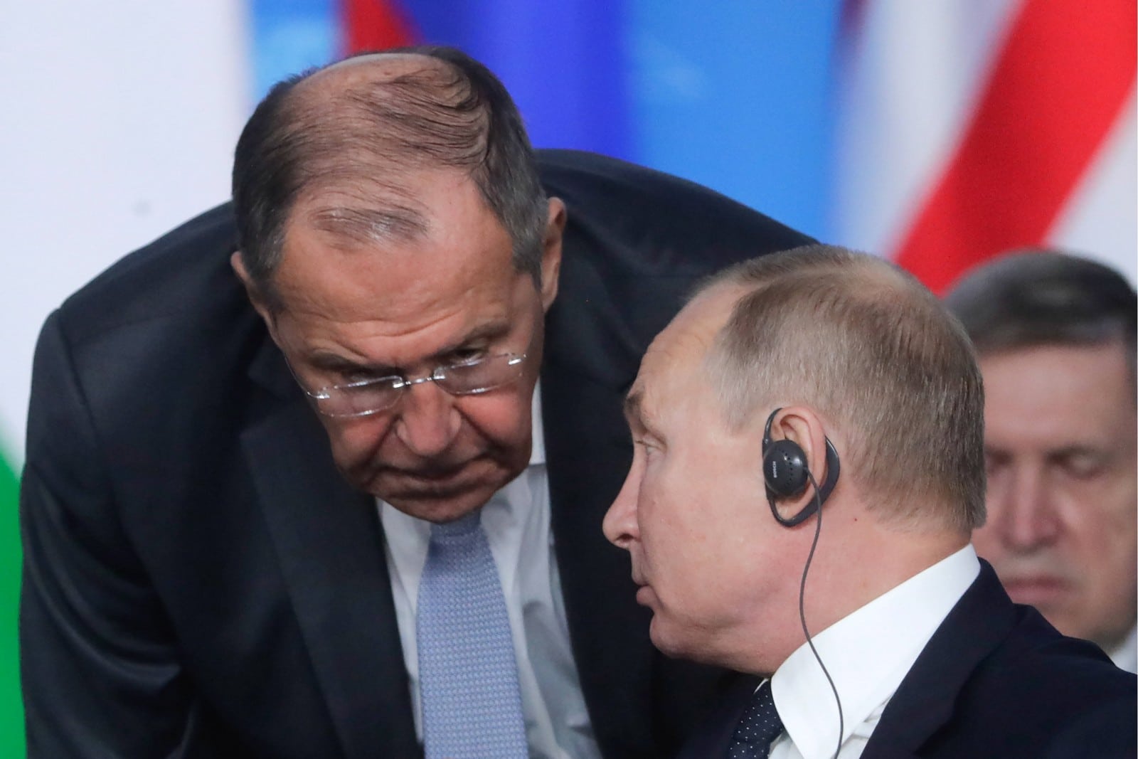 Sergueï Lavrov, Ministre des Affaires étrangères et Vladimir Poutine lors du Sommet Russie-Afrique à Sotchi le 24 octobre 2019,
Auteurs  : Mikhail Metzel/TASS/Sipa USA/SIPA,
Numéro de reportage  : SIPAUSA30187081_000004.