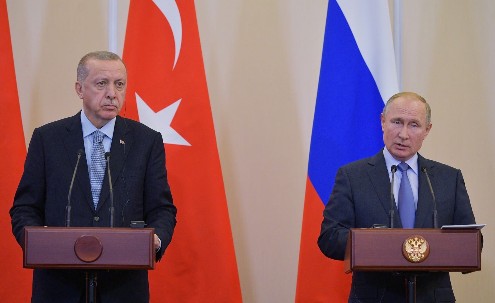 Vladimir Poutine et Recep Tayyip Erdogan lors de la réunion à Sotchi,le 22 octobre 2019 : deux tenants de l'eurasisme,
Auteurs  : CHINE NOUVELLE/SIPA,
Numéro de reportage  : 00929247_000003.