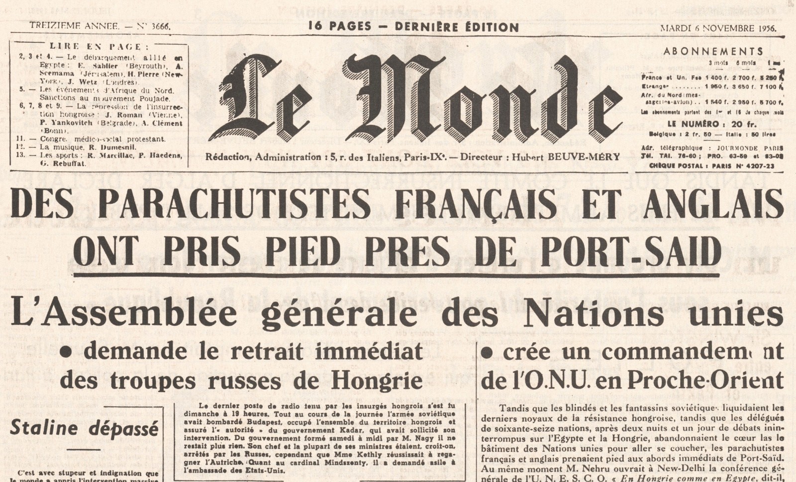 Article du "Monde" 6 novembre 1956
© Mary EVANS/ SIPA