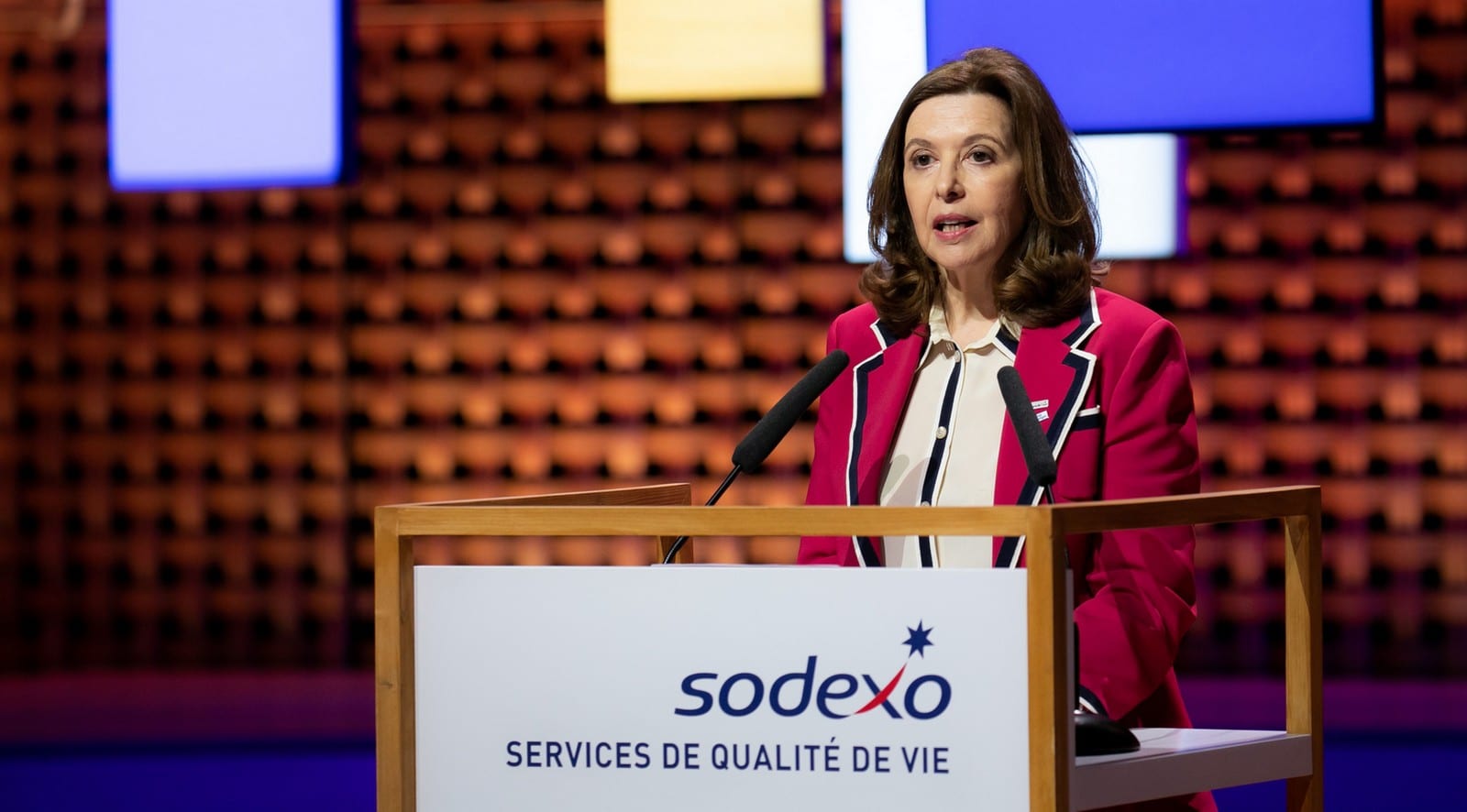 Sophie Bellon, président de Sodexo lors de l'Assemblée générale des actionnaires en 2018,
Auteurs  : ROMUALD MEIGNEUX/SIPA,
Numéro de reportage  : 00892025_000005.