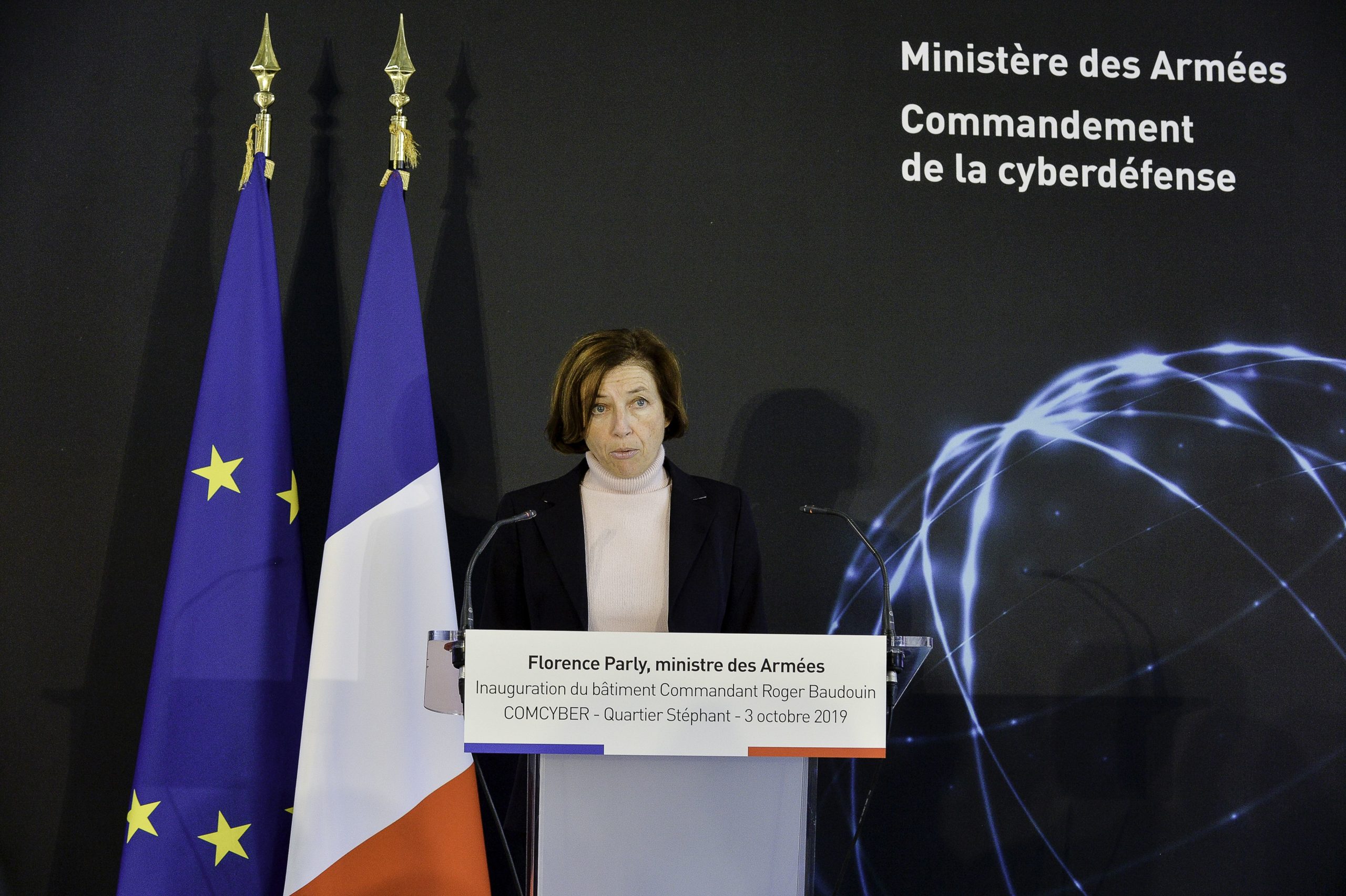 Florence Parly, ministre des armées, inaugurait un nouveau bâtiment de la cyberdéfense à Rennes, le 3 octobre 2019. 00926441_000009 Photo : Mathieu Pattier/SIPA