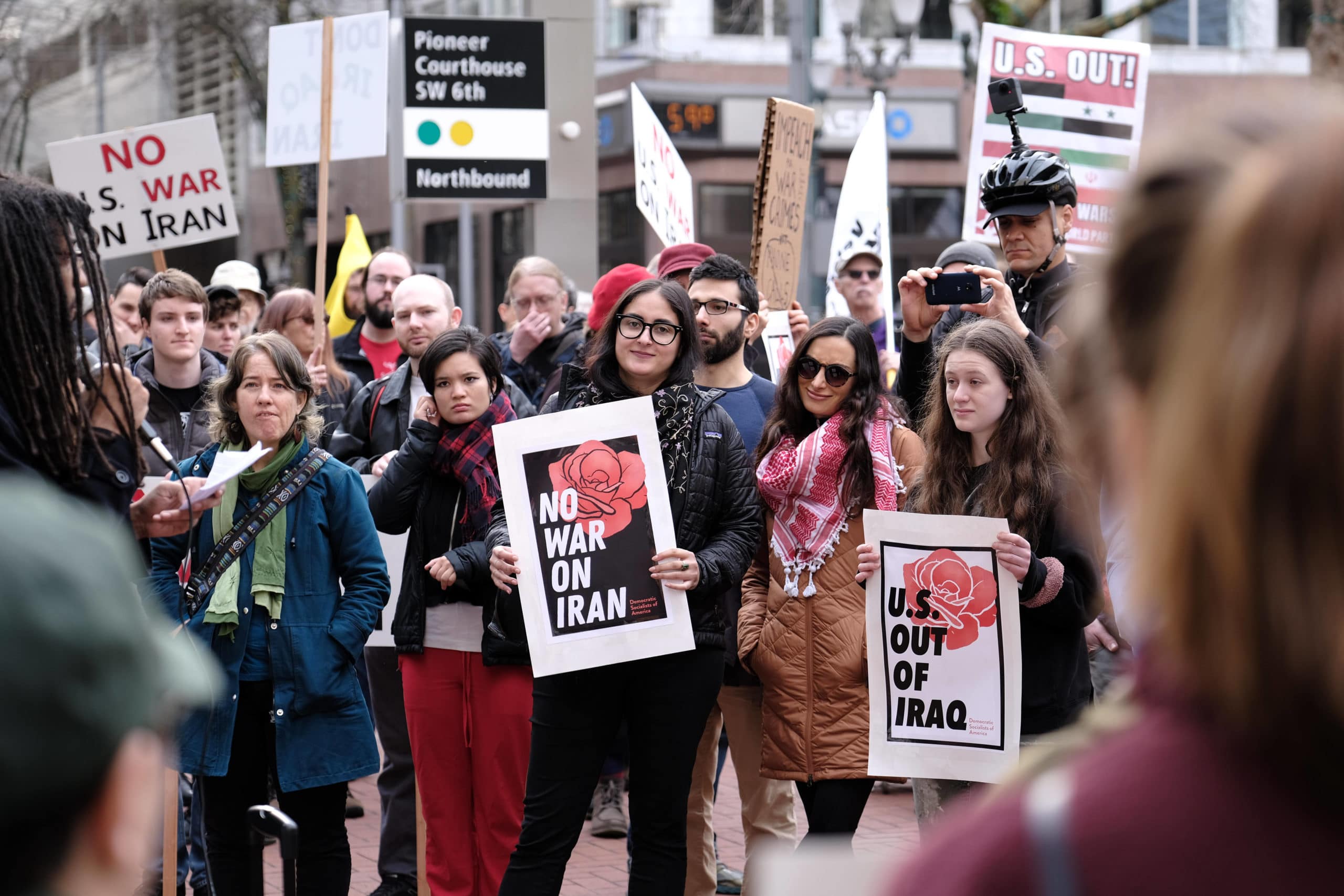 Democratic Socialists of America rally in front of The Pioneer Courthouse in Portland, Ore., on January 25, 2020, to speak out against war with Iran and US imperialism in the Middle East after the airstrike that killed Iranian commander Qasem Soleimani has renewed anti-American sentiment in the region. (Photo by Alex Milan Tracy/Sipa USA)/28857614/Alex Milan Tracy/2001261914