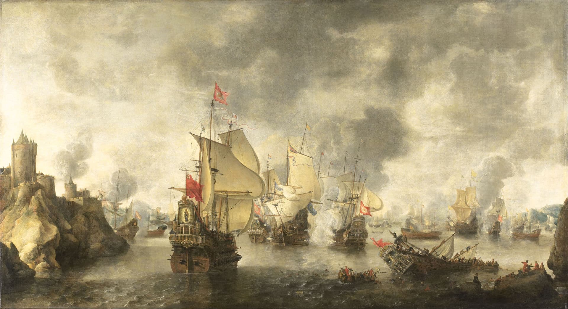 L'attaque des Vénitiens et des flottes néerlandaise contre les Turcs dans la baie de Foja en 1649 - par Abraham Beerstraten, 1656 © Wikipedia.