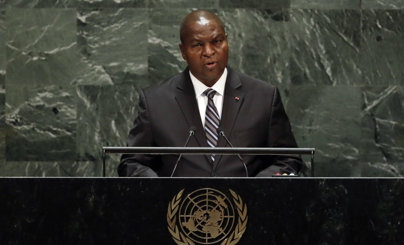 Faustin-Archange Touadéra,
Président de la République centrafricaine, à l'ONU le 25 septembre 2019 (c) AP Photo/Richard Drew)/UNRD130/19268594500001//1909251840