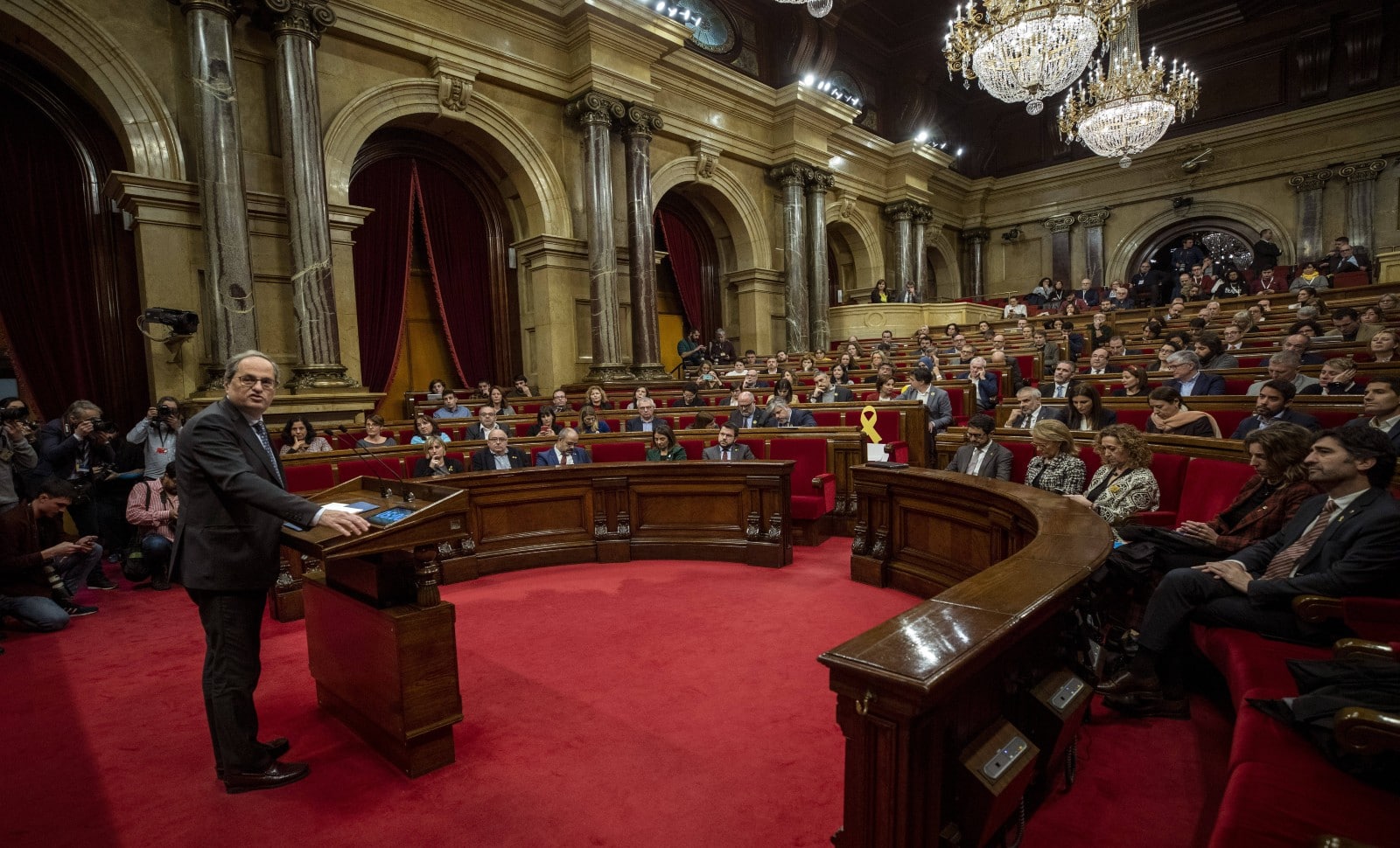 Quim Torra,
Président de la généralité de Catalogne, s'adresse au Parlement de Catalogne le 20 janvier dernier (c) AP Photo/Emilio Morenatti AP22422520_000001