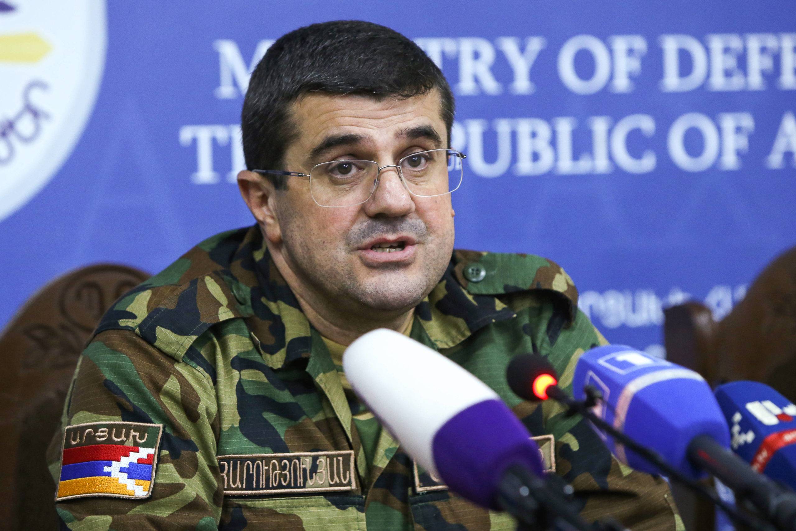 REPUBLIC OF ARTSAKH - SEPTEMBER 27, 2020: Arayik Harutyunyan, President of Artsakh (Nagorno-Karabakh), gives a press conference on the border tension in Artsakh. Ayk Bagdasaryan/Photolure/TASS/Sipa USA/30930352/YD/2009272154