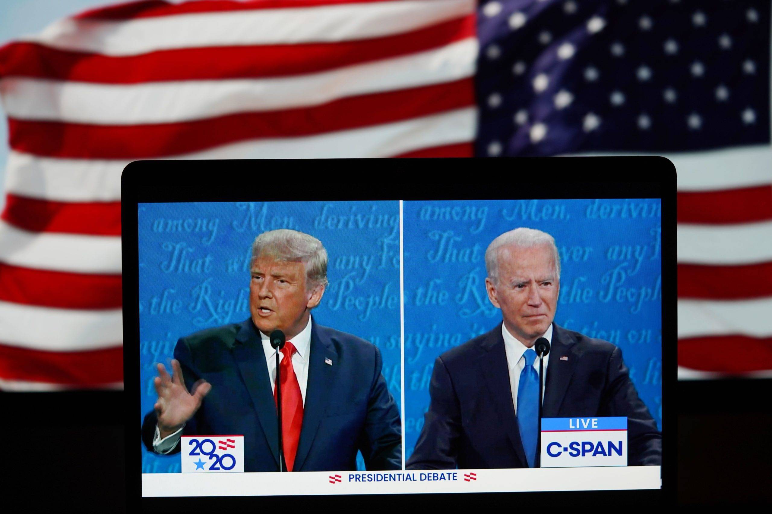 Photo prise à Arlington, en Virginie, le 22 octobre 2020,  de Donald Trump et de son challenger démocrate Joe Biden lors de leur débat final dans la course à la présidence de 2020 (c) Sipa 00987316_000001