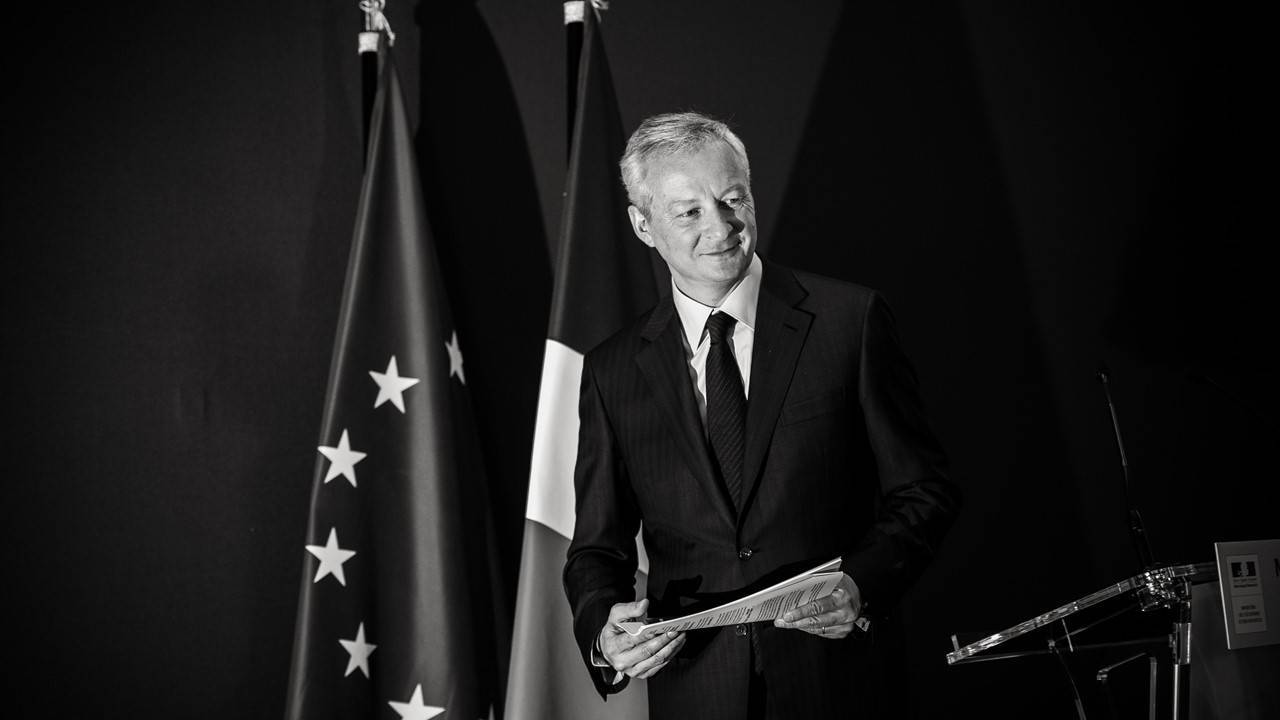 Bruno Le Maire, ministre de l'Economie et des finances, lors de la conférence de presse à propos de la taxe GAFA. (c) Sipa  00897914_000028