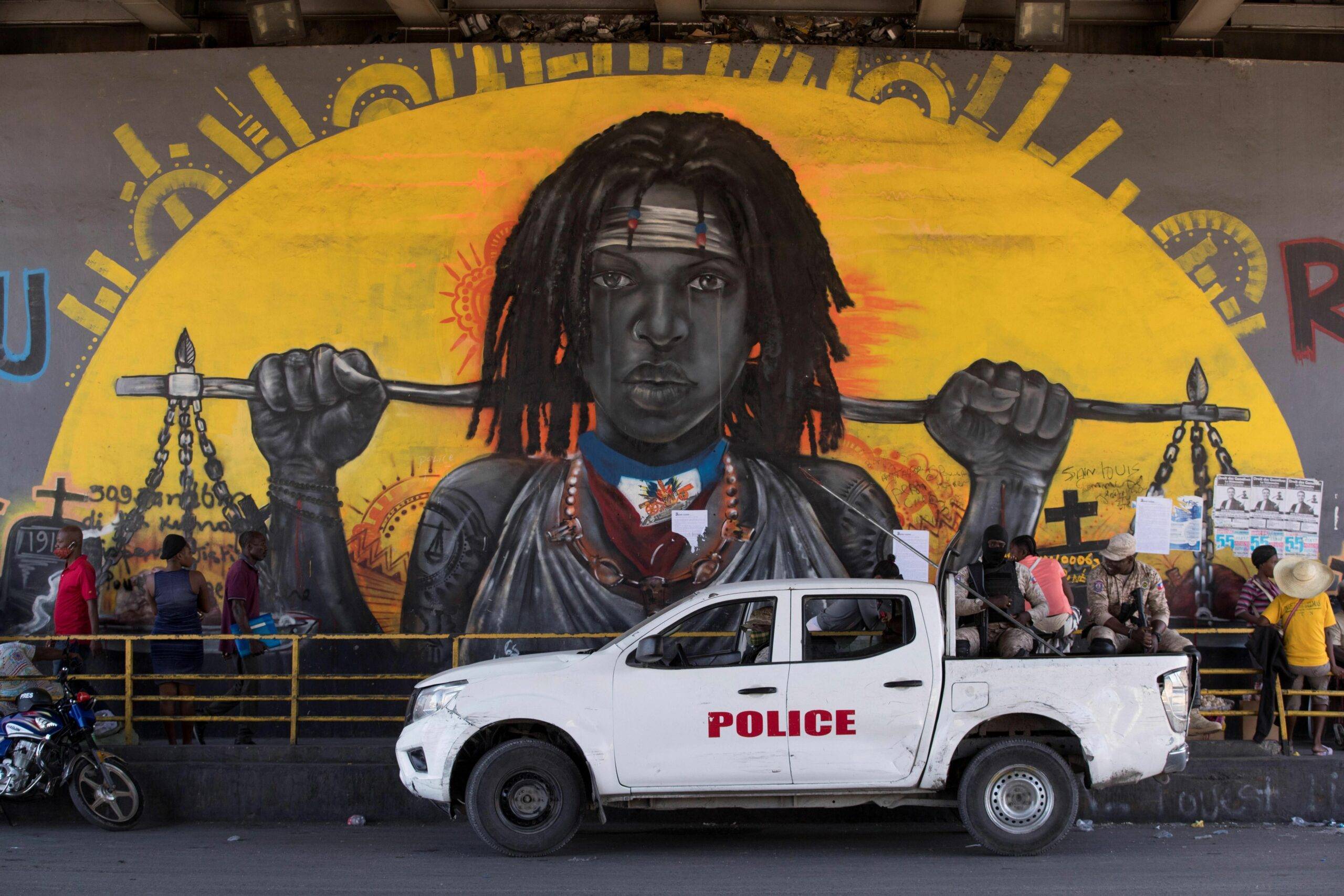 A police vehicle passes one of the places where the marches against the government of President Jovenel Moise usually begin, in Port-au-Prince, Haiti, 17 February 2021. EFE/ Orlando Barria//EFE_20210217-637491816815436177/2102171812/Credit:Orlando Barría/EFE/SIPA/2102171812