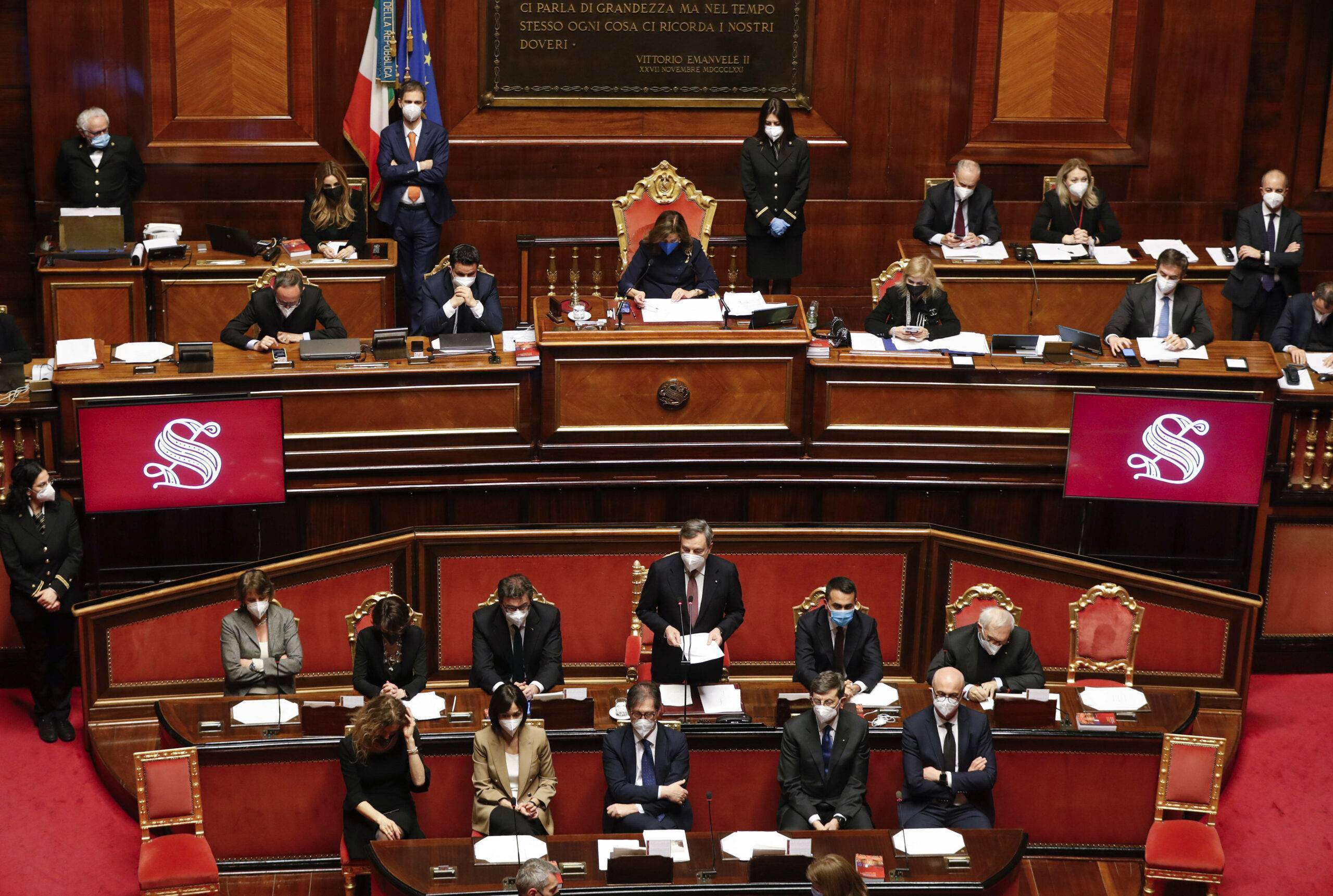 Italy's Premier Mario Draghi addresses the Senate in Rome Wednesday, Feb. 17, 2021. (Yara Nardi/Pool via AP)/ROM130/21048722368144/POOL PHOTO/2102172107