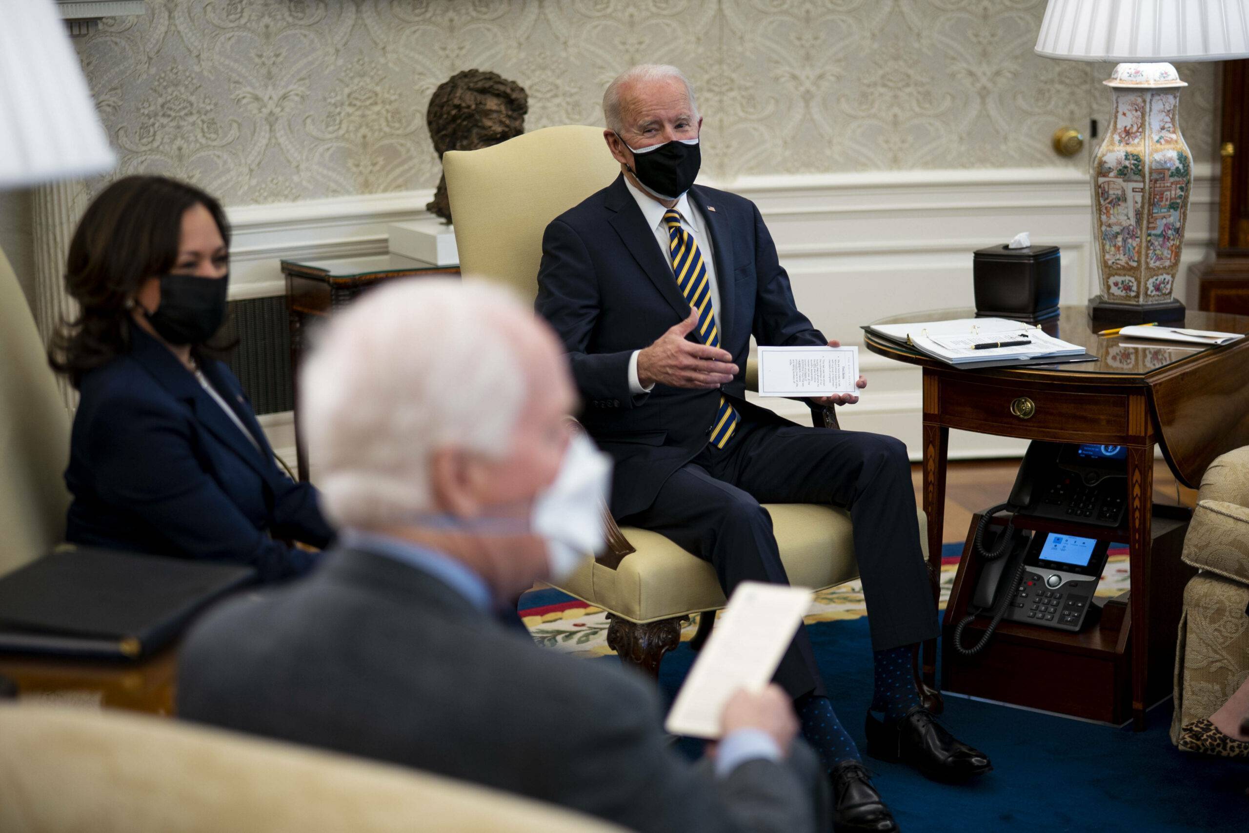 United States President Joe Biden and US Vice President Kamala Harris during a meeting with a bipartisan group of House and Senate members on U.S. supply chains, in the Oval Office, Wednesday, Feb. 24, 2021.  From left to right: US Senator John Cornyn (Republican of Texas), US Vice President Kamala Harris, and President Biden
Credit: Doug Mills / Pool via CNP Photo via Newscom/cnpphotos207366/CNP/NEWSCOM/SIPA/2102242141