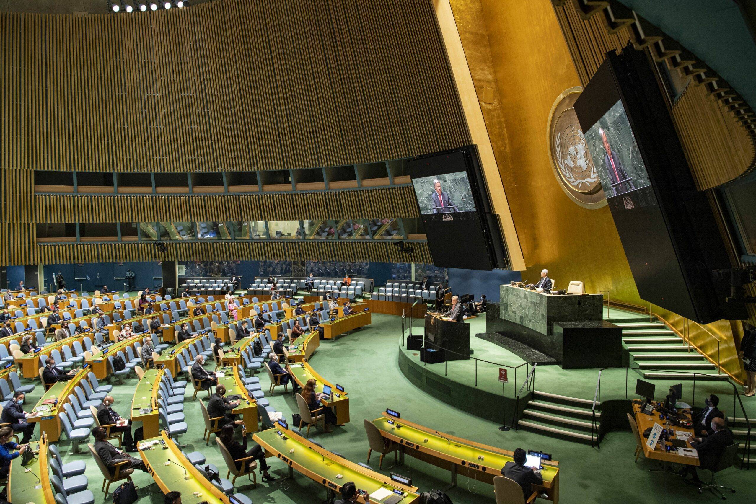 (201002) -- UNITED NATIONS, Oct. 2, 2020 (Xinhua) -- United Nations Secretary-General Antonio Guterres addresses a high-level UN meeting to mark the International Day for the Total Elimination of Nuclear Weapons at the UN headquarters in New York, on Oct. 2, 2020. Guterres on Friday regretted the lack of progress toward the total elimination of nuclear weapons and the risk of backsliding. (Rick Bajornas/UN Photo/Handout via Xinhua) - Rick Bajornas/UN Photo -//CHINENOUVELLE_CnyztpE007004_20201003_PEPFN0A001/2010031149/Credit:CHINE NOUVELLE/SIPA/2010031155