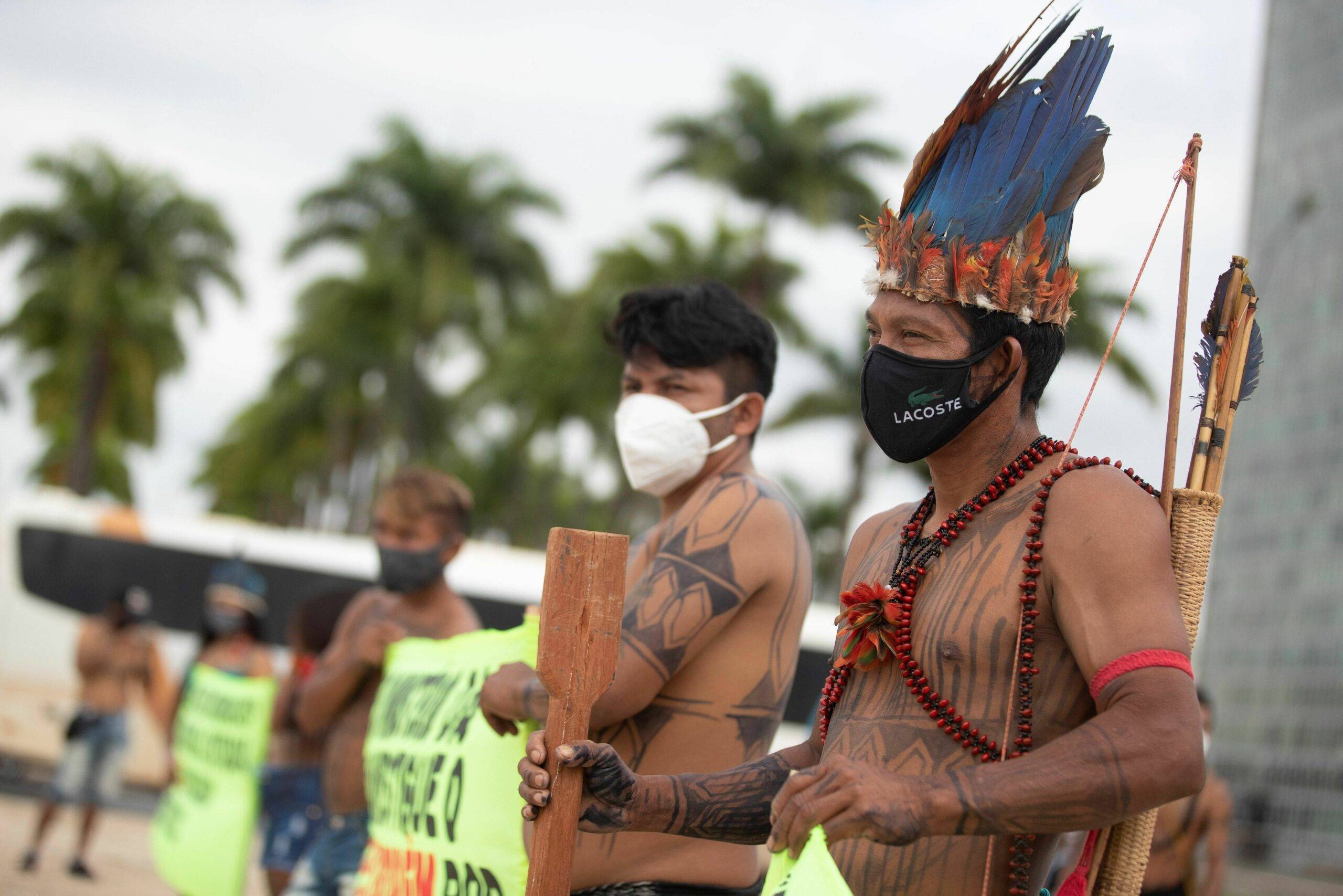 Indigenous people of the Munduruku ethnic group protest calling for the demarcation of their lands against illegal mining and the resignation of Brazilian President Jair Bolsonaro, in Brasilia, Brazil, 19 April 2021. Native peoples demanded protection of their rights this Monday, on the commemoration of the Indian Day in Brazil, which purpose is precisely to make visible the resistance of the ancestral communities in the Amazon and other threatened territories. EFE/Joedson Alves//EFE_20210419-637544531321422081/2104191836/Credit:Joédson Alves/EFE/SIPA/2104191838