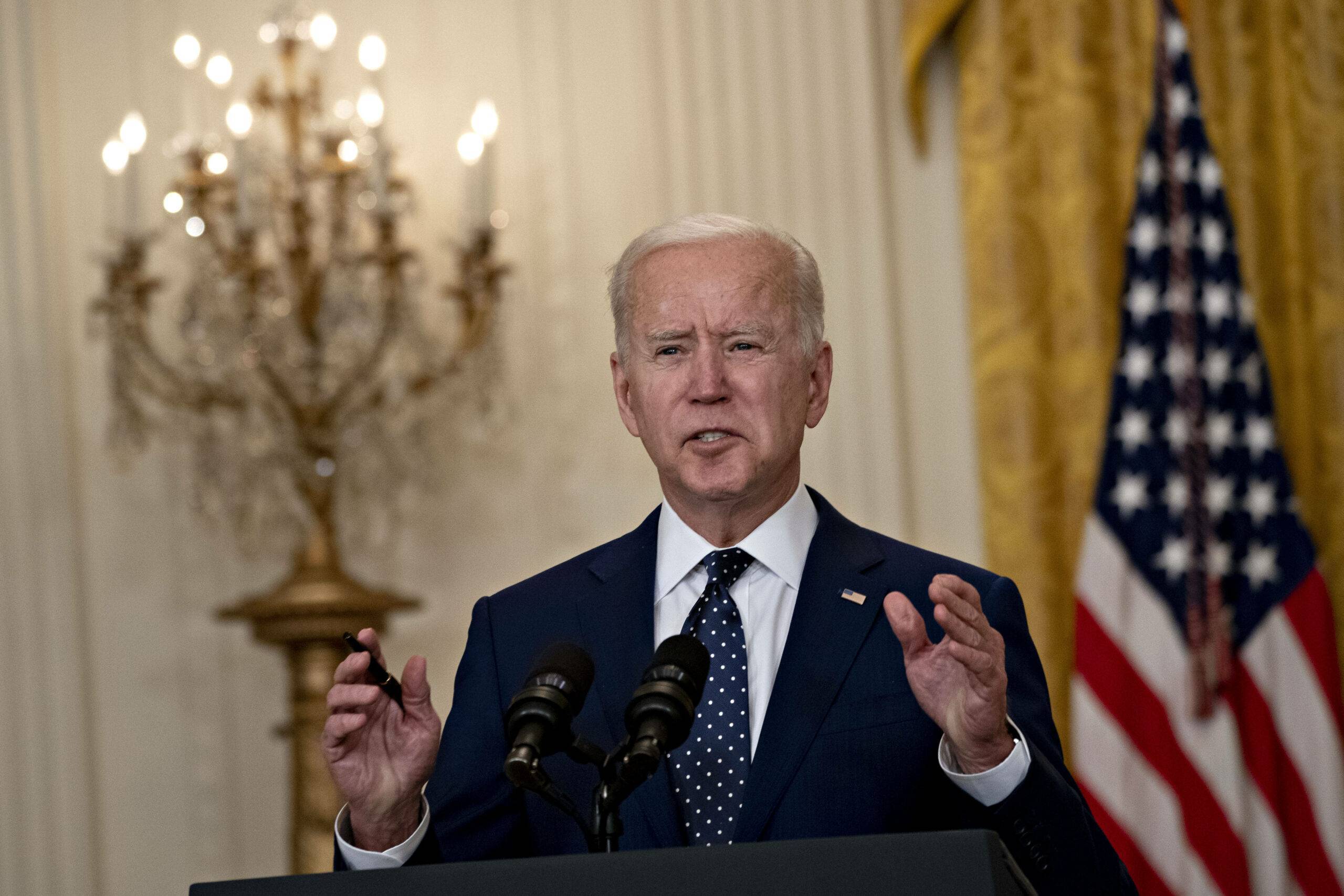 U.S. President Joe Biden speaks in the East Room of the White House in Washington, D.C., U.S., on Thursday, April 15, 2021. The Biden administration imposed a raft of new sanctions on Russia, including long-feared restrictions on buying new sovereign debt, in retaliation for alleged misconduct including the SolarWinds hack and efforts to disrupt the U.S. election.
Credit: Andrew Harrer / Pool via CNP Photo via Newscom/cnpphotos213499/CNP/NEWSCOM/SIPA/2104152345