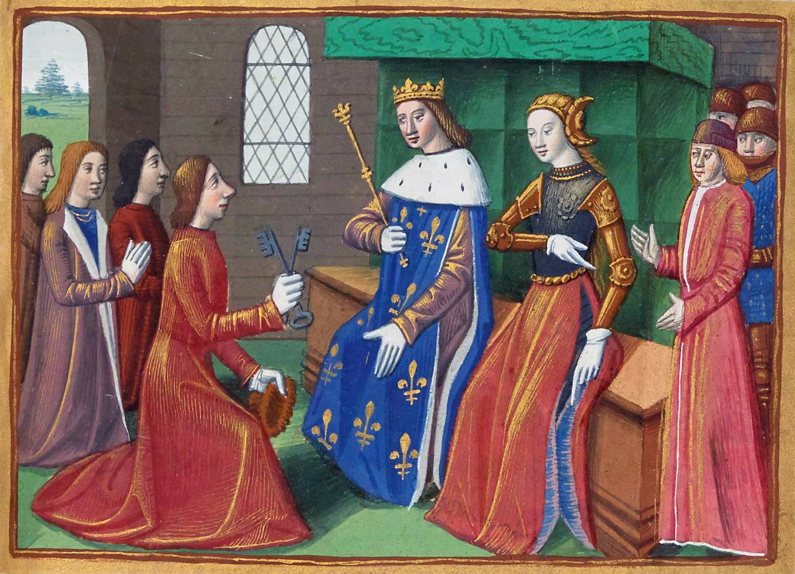 Les notables de Troyes remettent les clefs de la ville au roi Charles VII en présence de Jeanne d'Arc. Miniature du manuscrit de Martial d'Auvergne, Les Vigiles de Charles VII, Paris, BnF, département des manuscrits, vers 1484.