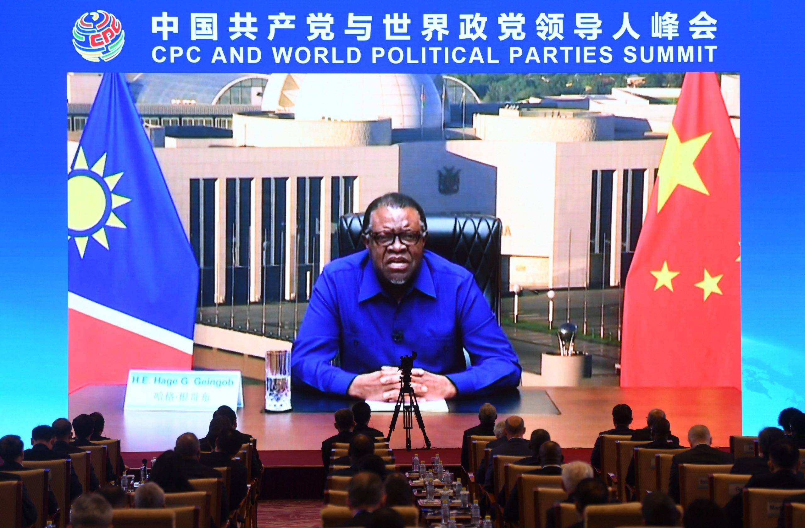 (210706) -- BEIJING, July 6, 2021 (Xinhua) -- Hage Geingob, leader of the South West Africa People's Organization and president of Namibia, addresses the Communist Party of China (CPC) and World Political Parties Summit on July 6, 2021. The CPC and World Political Parties Summit was held via video link on Tuesday. (Xinhua/Jin Liangkuai) - Jin Liangkuai -//CHINENOUVELLE_XxjpbeE007022_20210707_PEPFN0A001/2107070845 - Sipa (C)