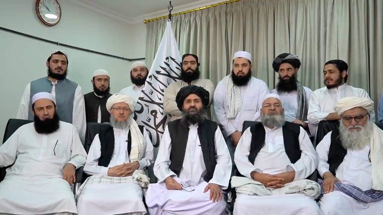 Taliban leader Mullah Baradar Akhund (front, center) in Kabul on Sunday Aug 15, 2021. (Taliban Handout)
 Photo via Newscom/eyepress105902/EPN/Newscom/SIPA/2108152355