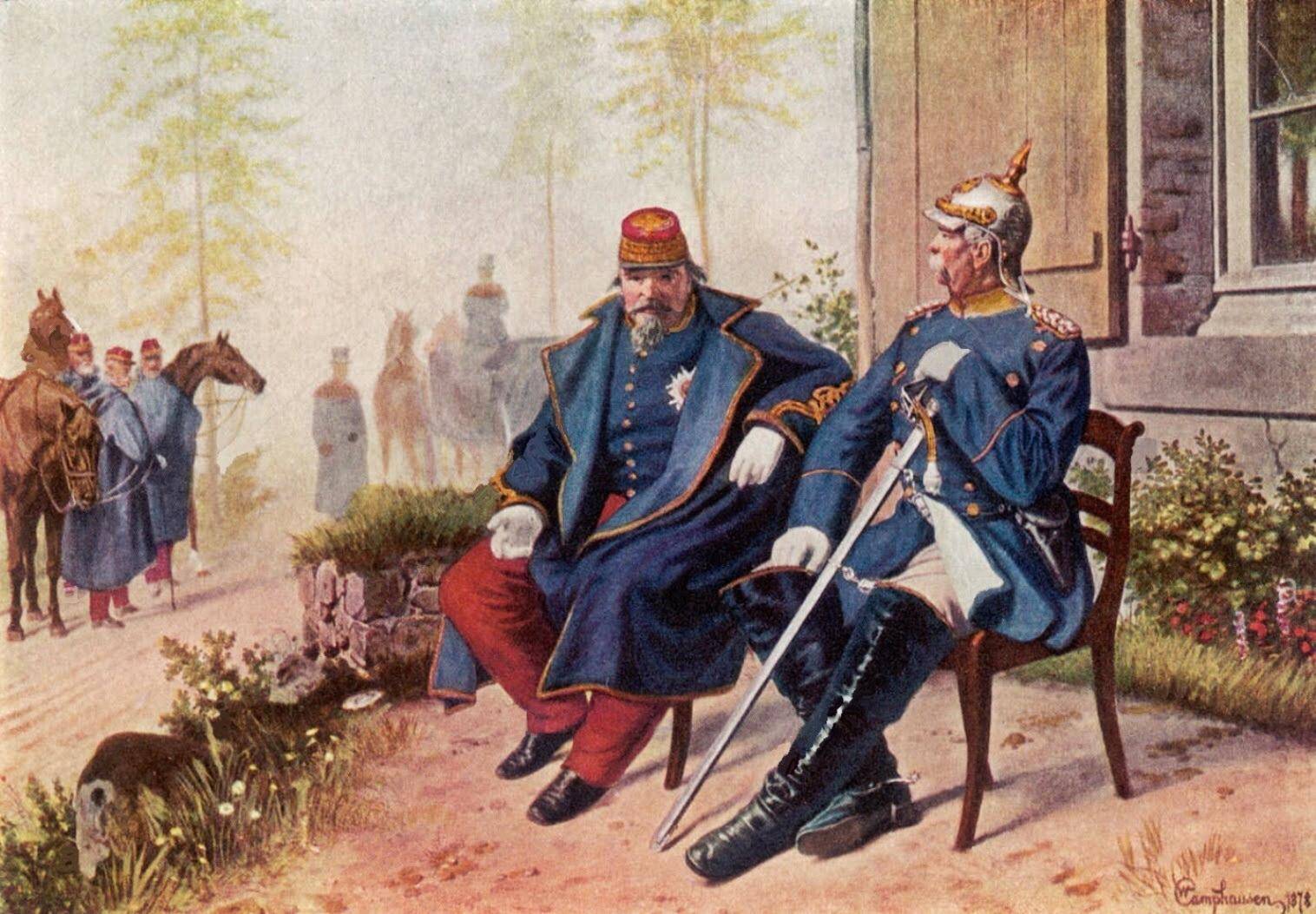 Napoléon III en conversation avec Bismarck à Donchery, le 2 septembre 1870.
Wilhelm Camphausen CC By SA