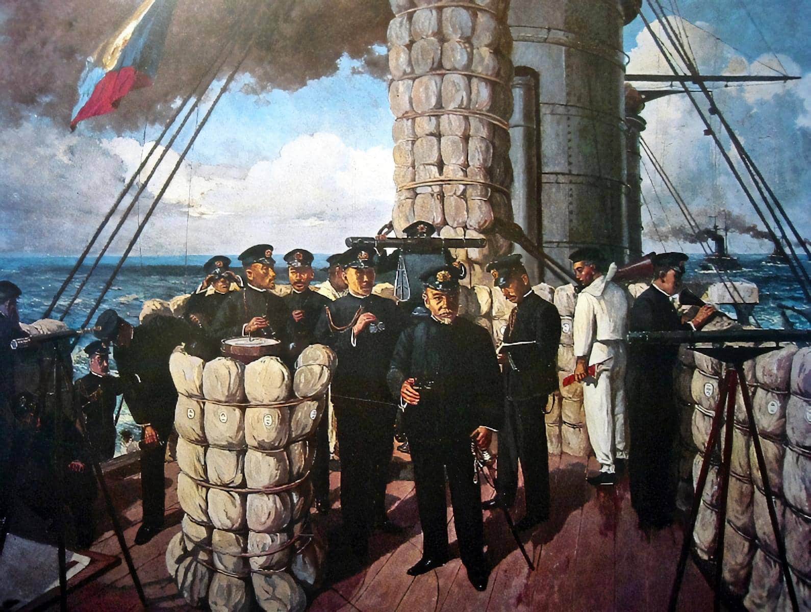 L'Amiral Tōgō sur le pont du Mikasa avec son état-major.