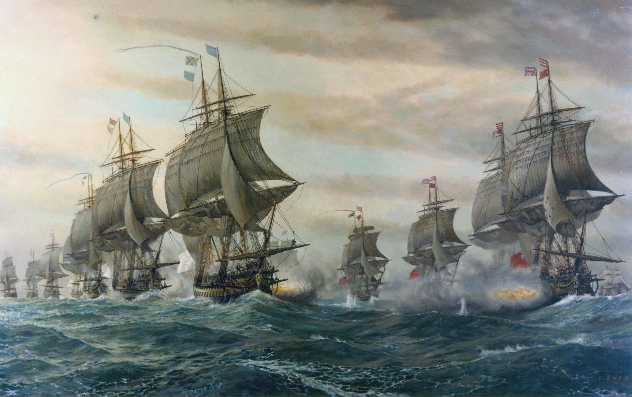 La bataille de Chesapeake est en apparence indécise, mais joue un rôle déterminant dans l'isolement de l'armée anglaise retranchée à Yorktown. Peinture américaine de 1962 au Hampton Roads Naval Museum de Norfolk.