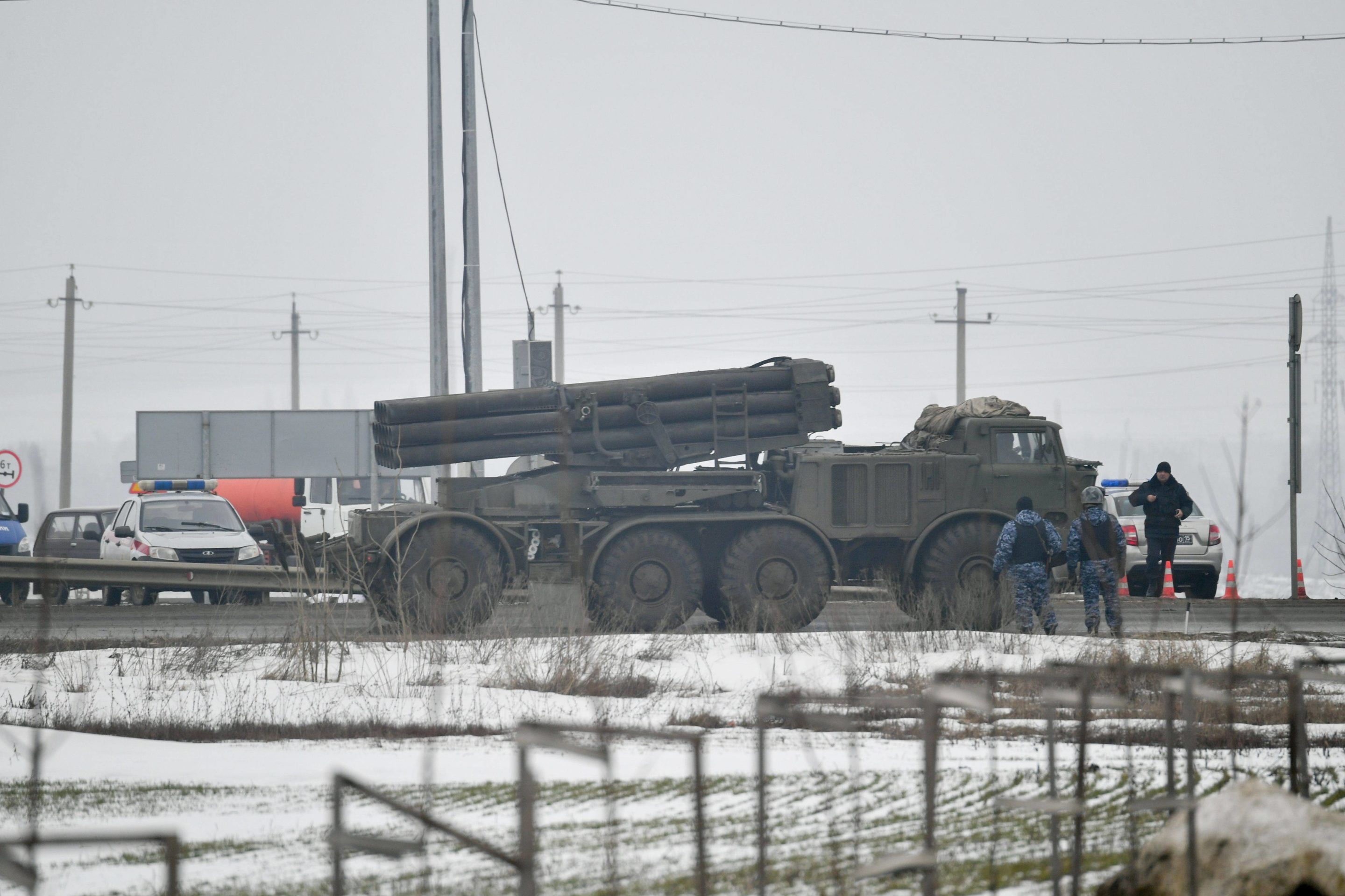 BM-27 Uragan (9P140) self-propelled multiple rocket launcher system moves along a road near the border with Ukraine in Belgorod region, Russia.  Mikhail Voskresenskiy Credit:Mikhail Voskresenskiy/SPU/SIPA/2203010929