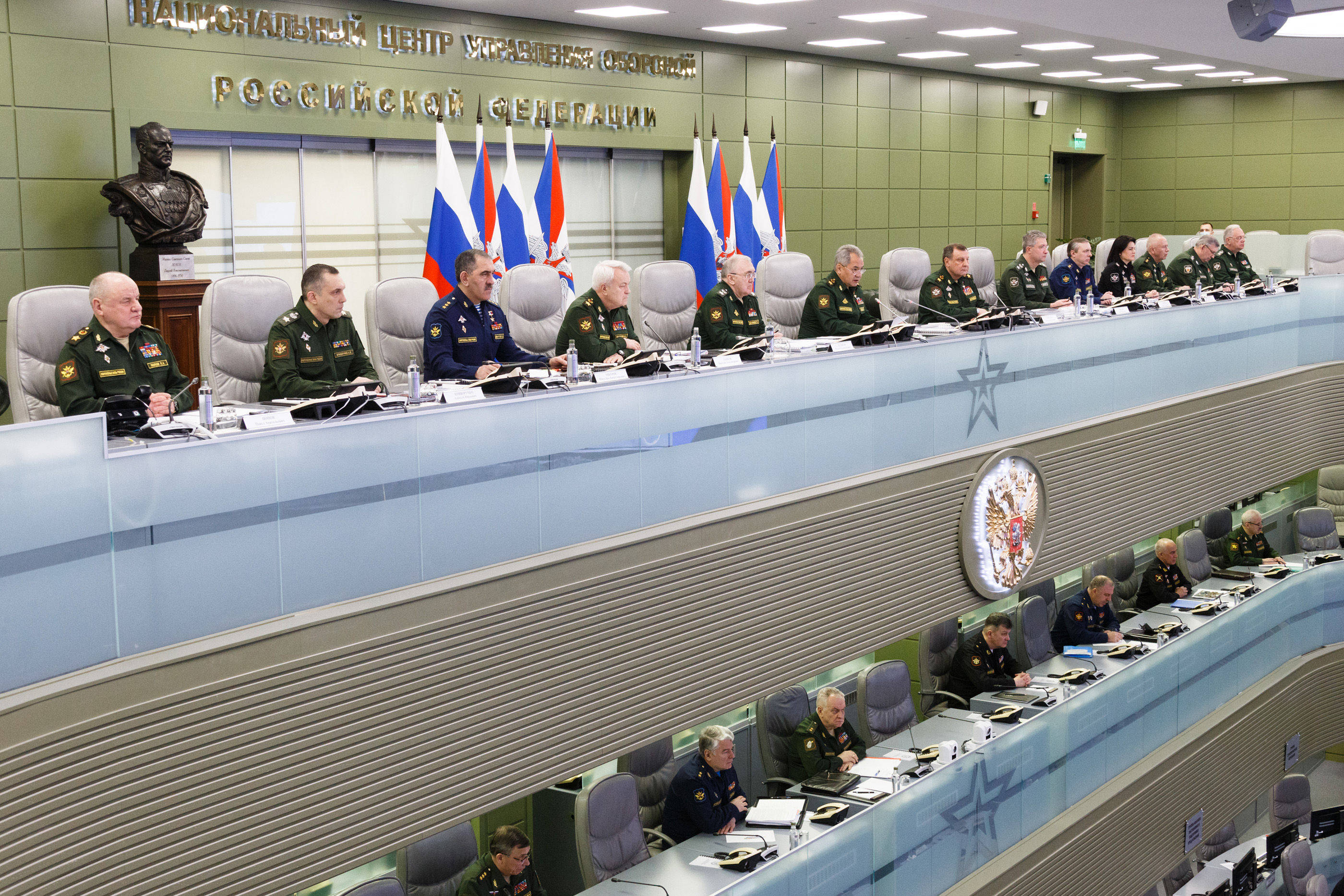 IRussian Defence Minister Sergei Shoigu speaks during a video conference meeting at the Russian National Defence Management Centre, in Moscow, Russia. /Credit:Vadim Savitskii/SPUTNIK/SIPA/2203011243