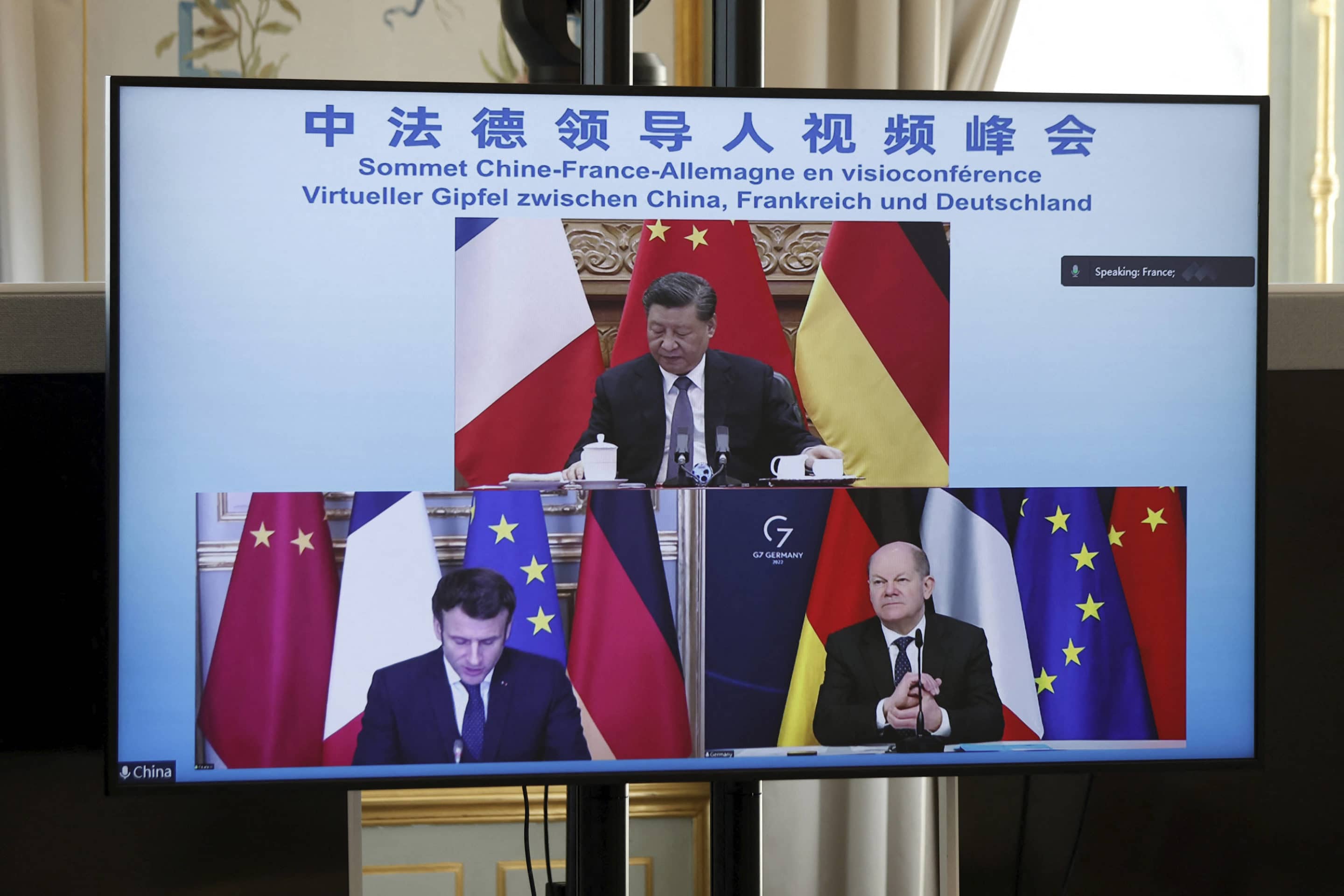 Discussing the Ukraine crisis during a video-conference at the Elysee Palace in Paris, Tuesday, March 8, 2022. (Benoit Tessier/Pool via AP)/PAR104/22067345465729/31654490/2203081040