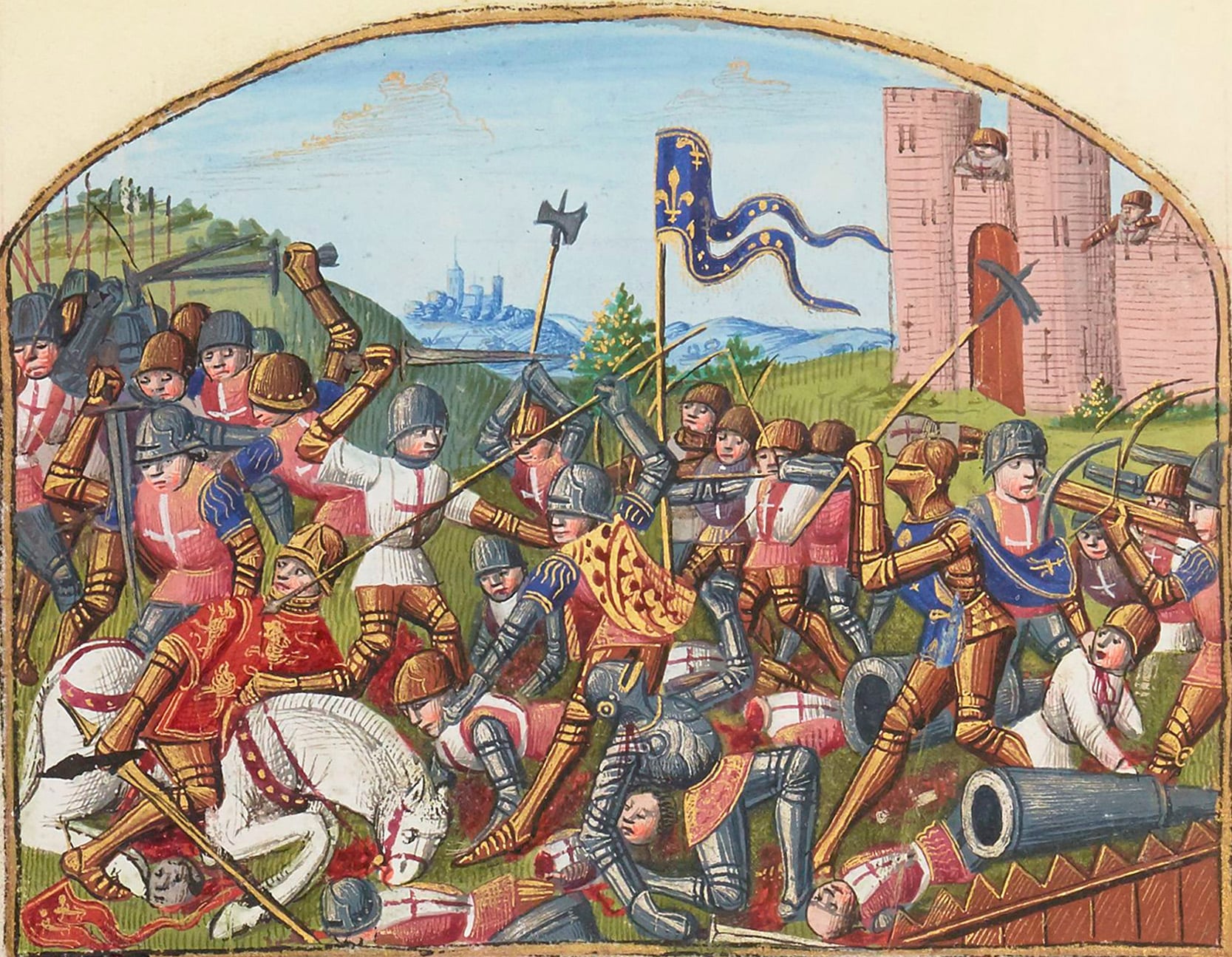 La mort de Talbot à la bataille de Castillon, le 17 juillet 1453. Enluminure du manuscrit de Martial d'Auvergne, Les Vigiles de Charles VII, vers 1484