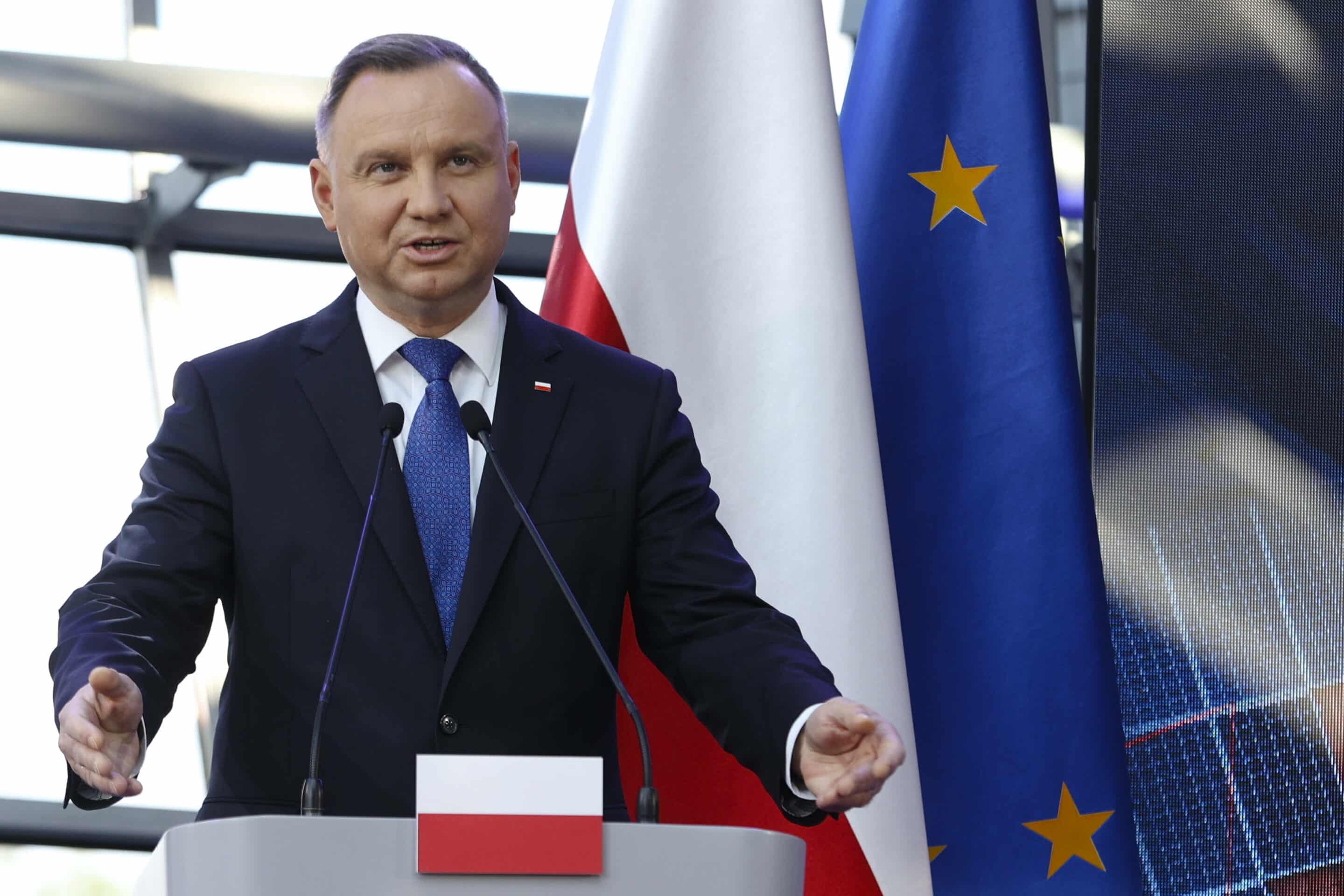 Le président polonais Andrzej Duda lors d'une conférence de presse Jeziorna, Pologne, jeudi 2 juin 2022. 
Crédits : AP Photo/Michal Dyjuk