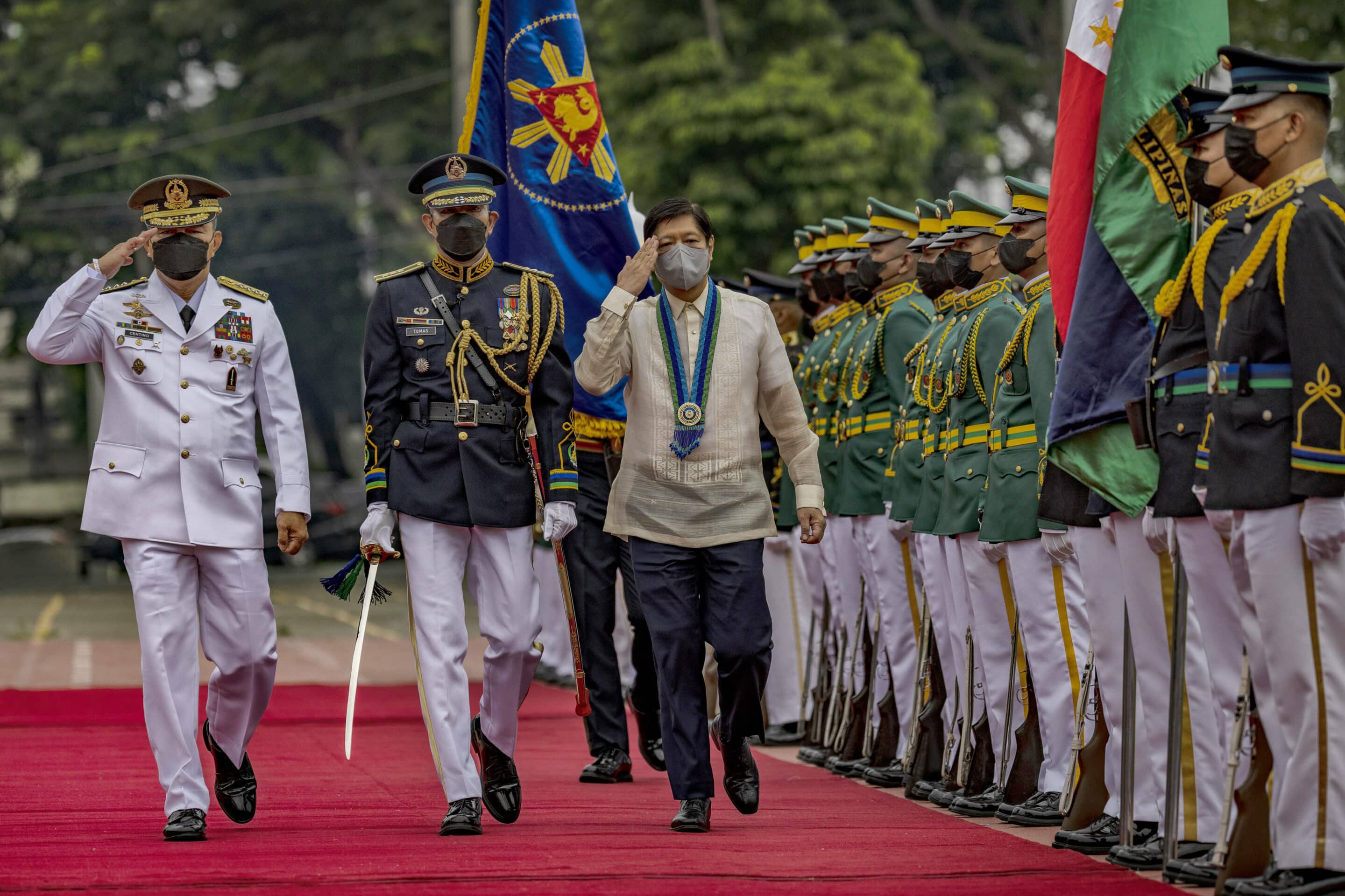 Philippine President Ferdinand Marcos Jr. at Camp Aguinaldo military headquarters on Monday Aug. 8, 2022, in Quezon city, Philippines. (Ezra Acayan/Pool Photo via AP)/XAF103/22220358175554/POOL PHOTO/2208081206