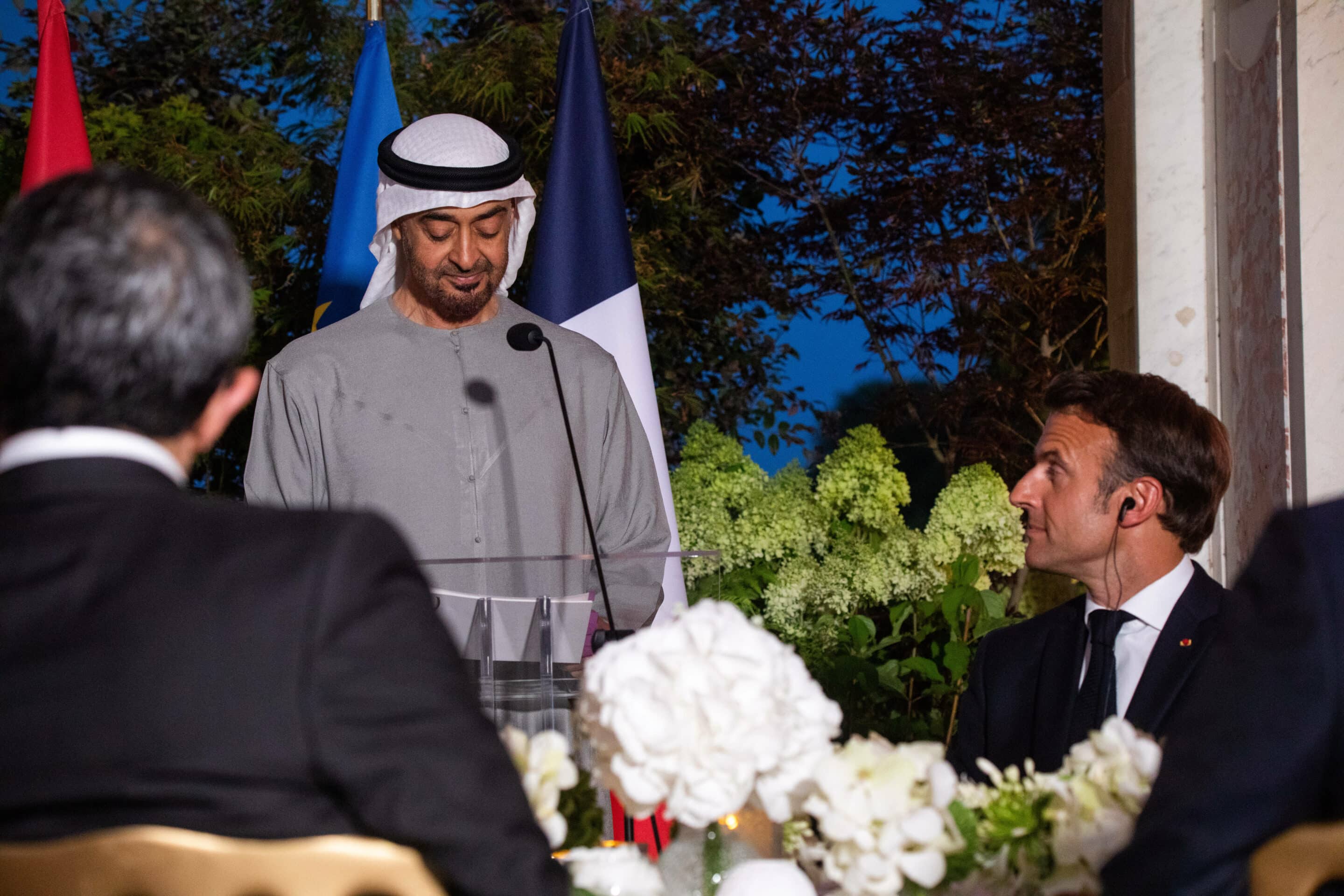 French President Emmanuel Macron and UAE President Sheikh Mohamed bin Zayed al-Nahyan state dinner held at the Grand Trianon of the Versailles castle near Paris on July 18, 2022.//04SIPA_SIPA.1769/2207191115/Credit:ROMAIN GAILLARD-POOL/SIPA/2207191130