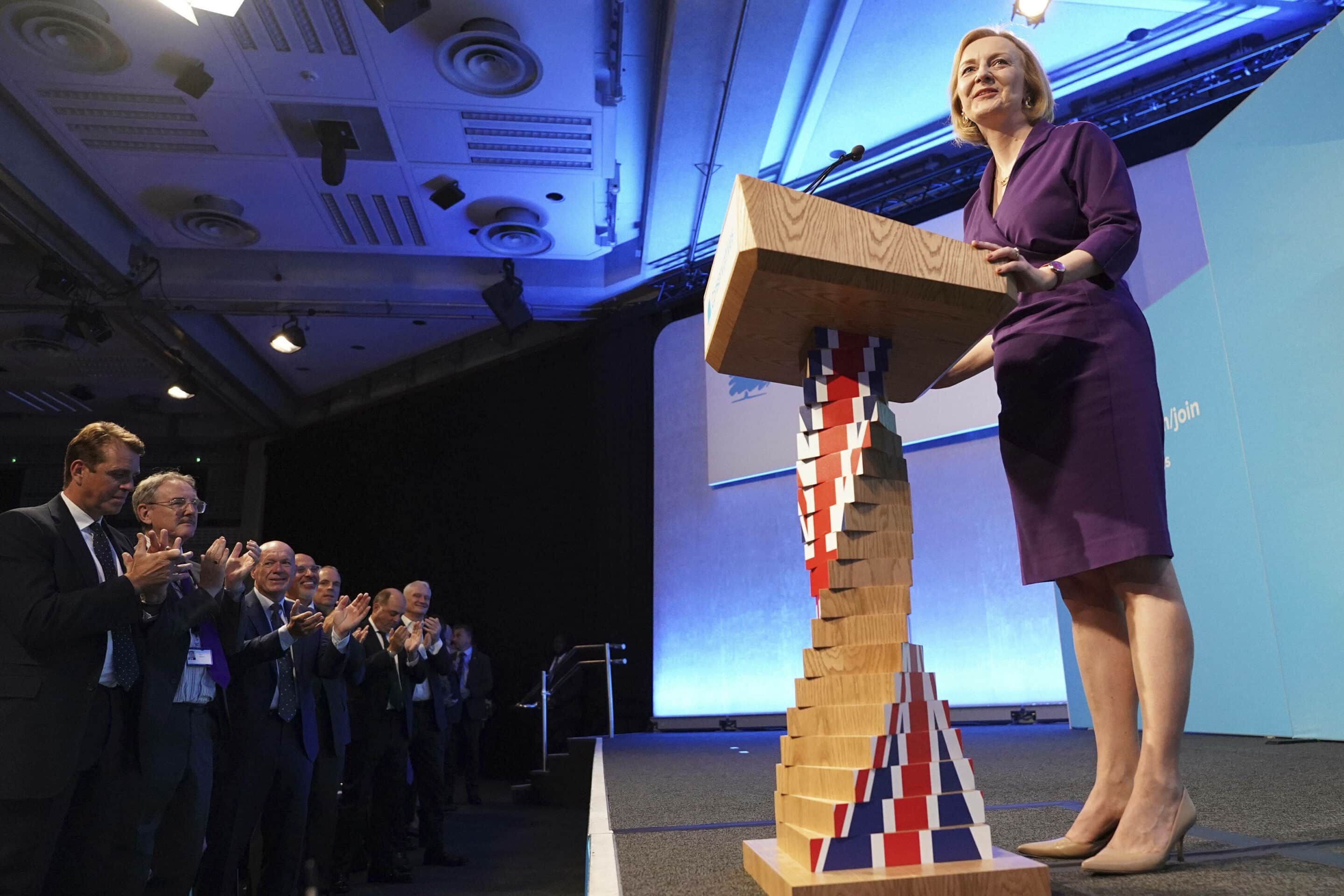 Liz Truss speaks at the Queen Elizabeth II Centre in London, Monday Sept. 5, 2022. Britain’s Conservative Party has chosen Foreign Secretary Liz Truss as the party’s new leader, putting her in line to be confirmed as prime minister. Truss’s selection was announced Monday in London after a leadership election in which only the 180,000 dues-paying members of the Conservative Party were allowed to vote. (Stefan Rousseau/Pool Photo via AP)/LFP109/22248445301444/POOL/2209051439