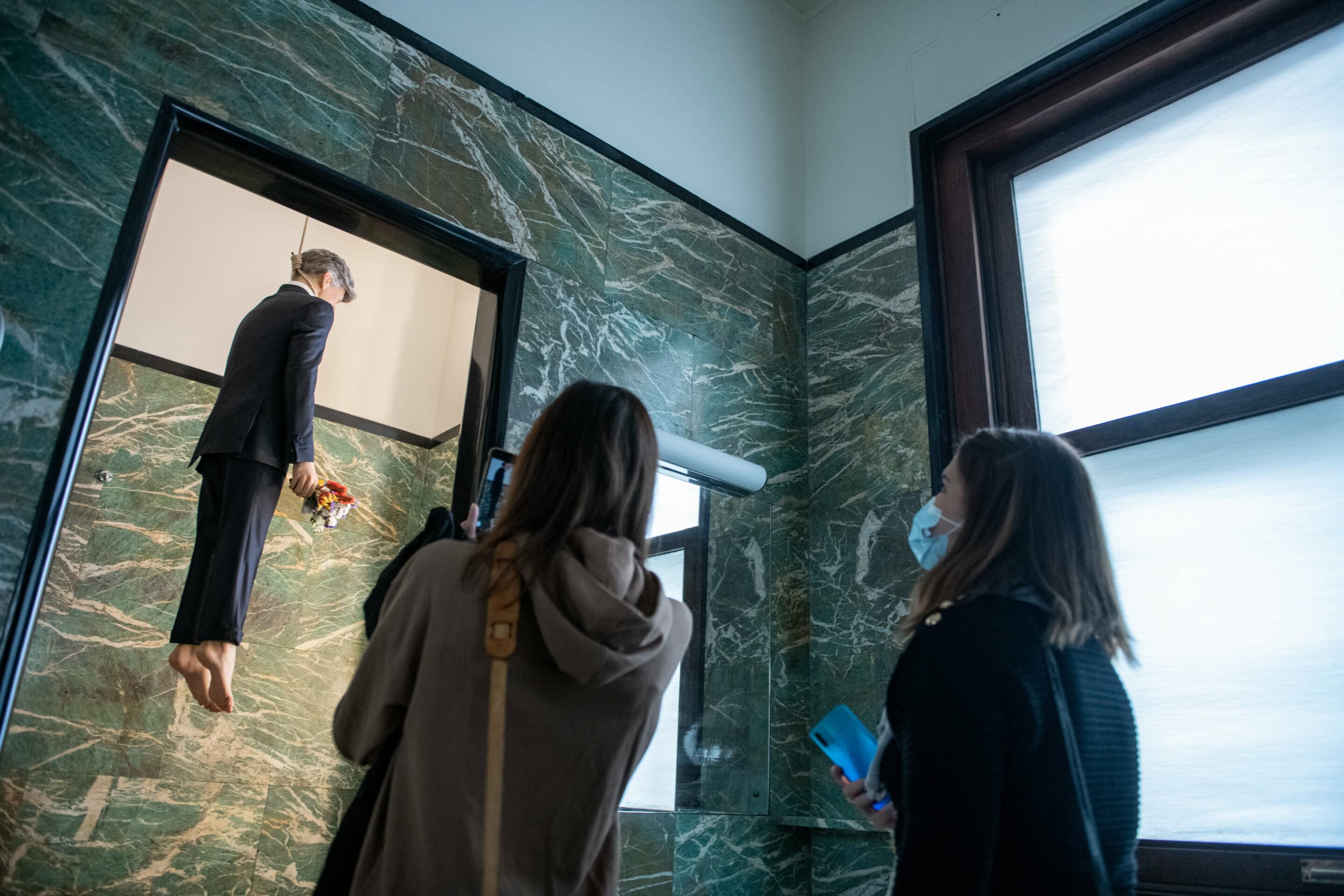 Art week 2022. The work of Maurizio Cattellan representing the hanged artist himself is exhibited inside a bathroom of the Corbellini-Wassermann House. Milan (Italy), April 2nd, 2022 (Photo by Matteo Rossetti/Mondadori Portfolio/Sipa USA)/9.09114954//2204041026