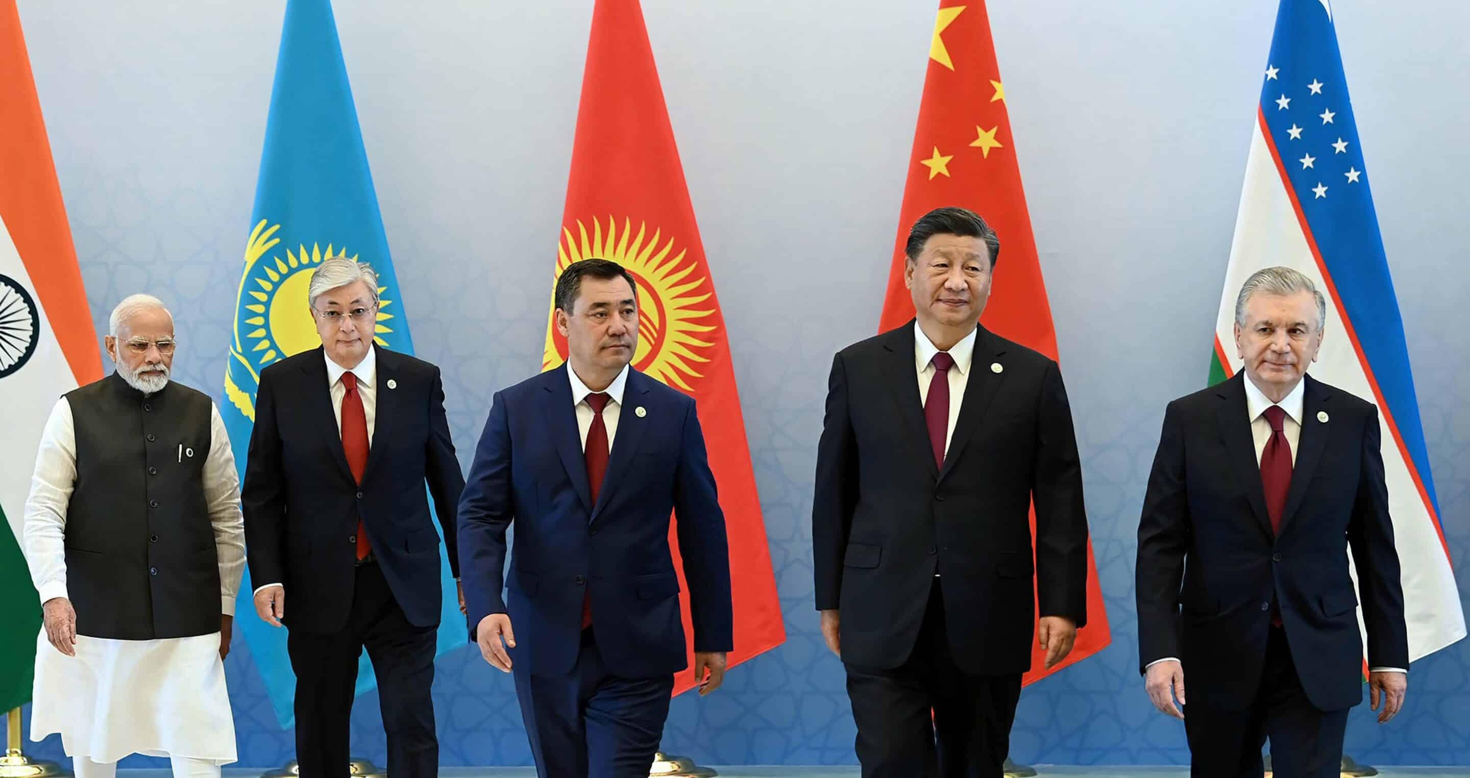 Mandatory Credit: Photo by Kyrgyzstan President Office/UPI/Shutterstock (13395943a)
(L-R) Indian Prime Minister Narendra Modi, Kazakhstan's President Kassym-Jomart Tokayev, Kyrgyz President Sadyr Japarov, Chinese President Xi Jinping and Uzbek President Shavkat Mirziyoyev, pose for a family photo during the Shanghai Cooperation Organisation (SCO) leaders' summit in Samarkand, Uzbekistan on Friday on September 16, 2022.
Shanghai Cooperation Organisation (SCO) Leaders' Summit in Samarkand, Uzbekistan - 16 Sep 2022/shutterstock_editorial_Shanghai_Cooperation_Organisat_13395943a//2209162208