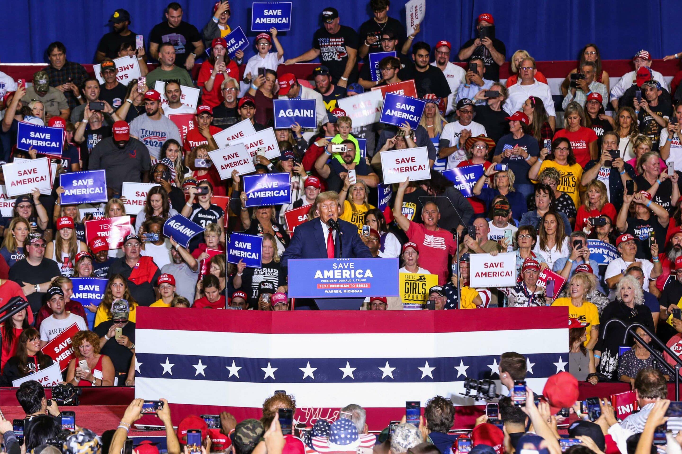 Mandatory Credit: Photo by Amanda Jones/Shutterstock (13434680o)
Former US President Donald Trump acknowledges the crowd at a Save America rally at the Macomb Community College, Sports & Expo Center
Save America rally, Macomb Community Center, Warren, Michigan, USA - 30 Sep 2022/shutterstock_editorial_Save_America_rally_Macomb_Comm_13434680o//2210020753