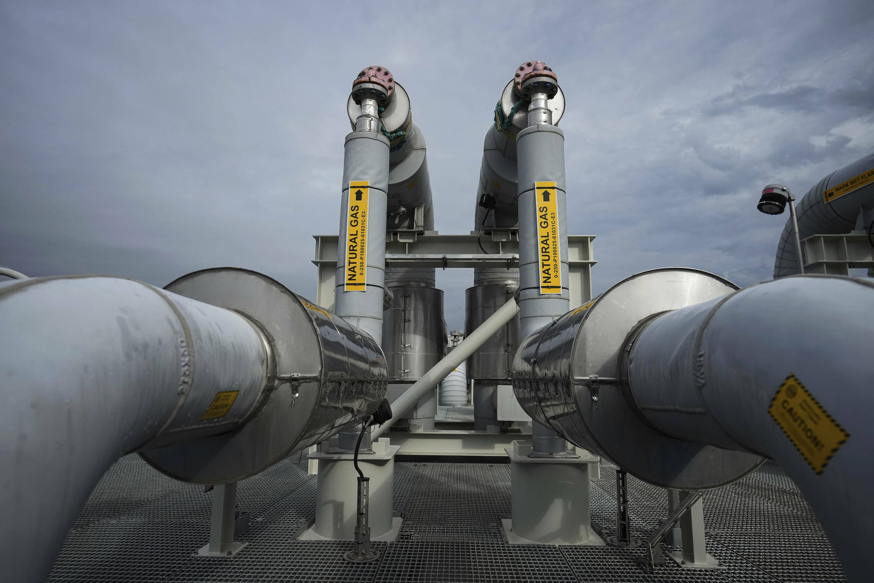 Piping is seen on the top of a receiving platform which will be connected to the Coastal GasLink natural gas pipeline terminus at the LNG Canada export terminal under construction, in Kitimat, British Columbia, Wednesday, Sept. 28, 2022. (Darryl Dyck/The Canadian Press via AP)/VCRD131/22271771032029/MANDATORY CREDIT/2209290007