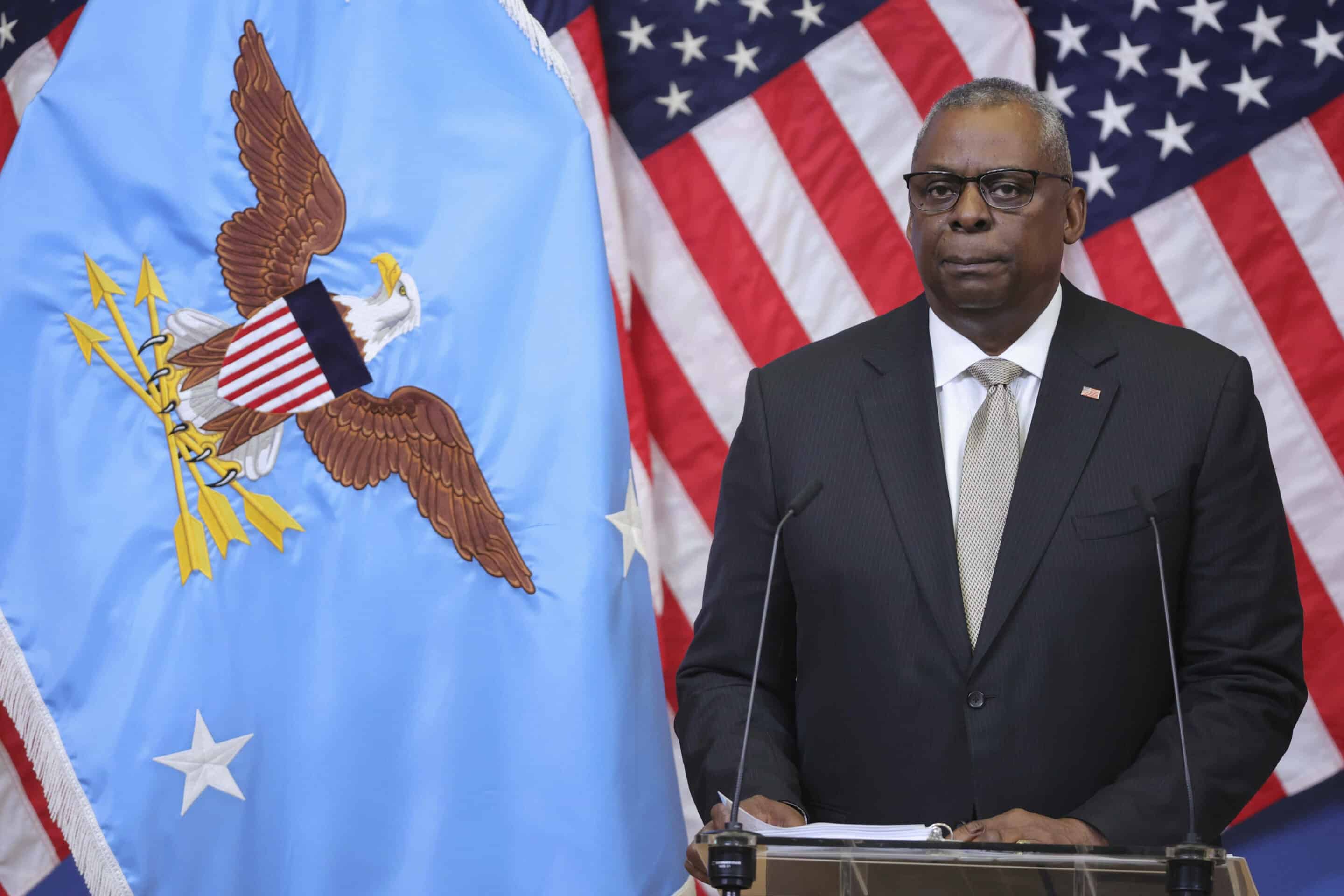 US Secretary of Defense Lloyd J. Austin III speaks during a media conference after a meeting of NATO defense ministers at NATO headquarters in Brussels, Wednesday, Oct. 12, 2022. (AP Photo/Olivier Matthys)/OM157/22285577307714//2210121805