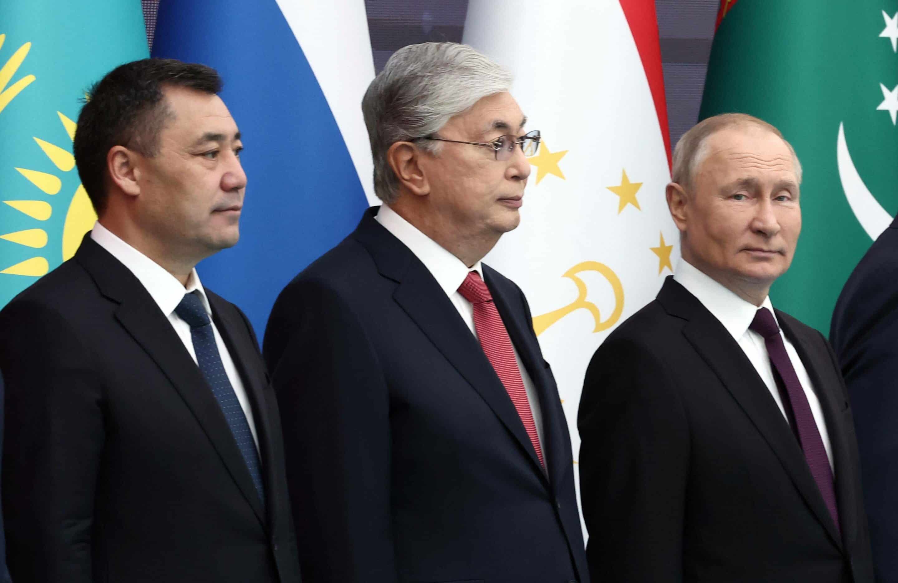 8294965 14.10.2022 In this handout photo released by the Kazakh Presidential Press Office, Kyrgyz President Sadyr Japarov, Kazakhstan's President Kassym-Jomart Tokayev and Russian President Vladimir Putin attend a joint photographing ceremony of the Commonwealth of Independent States (CIS) heads of state on the sidelines of the 6th Summit of the Conference on Interaction and Confidence Building Measures in Asia (CICA) at the Palace of Independence in Astana, Kazakhstan. Editorial use only, no archive, no commercial use. Valeriy Sharifulin / POOL//SPUTNIK_8294965_63490a7964328/2210141321/Credit:Valeriy Sharifulin/SPUTNI/SIPA/2210141332