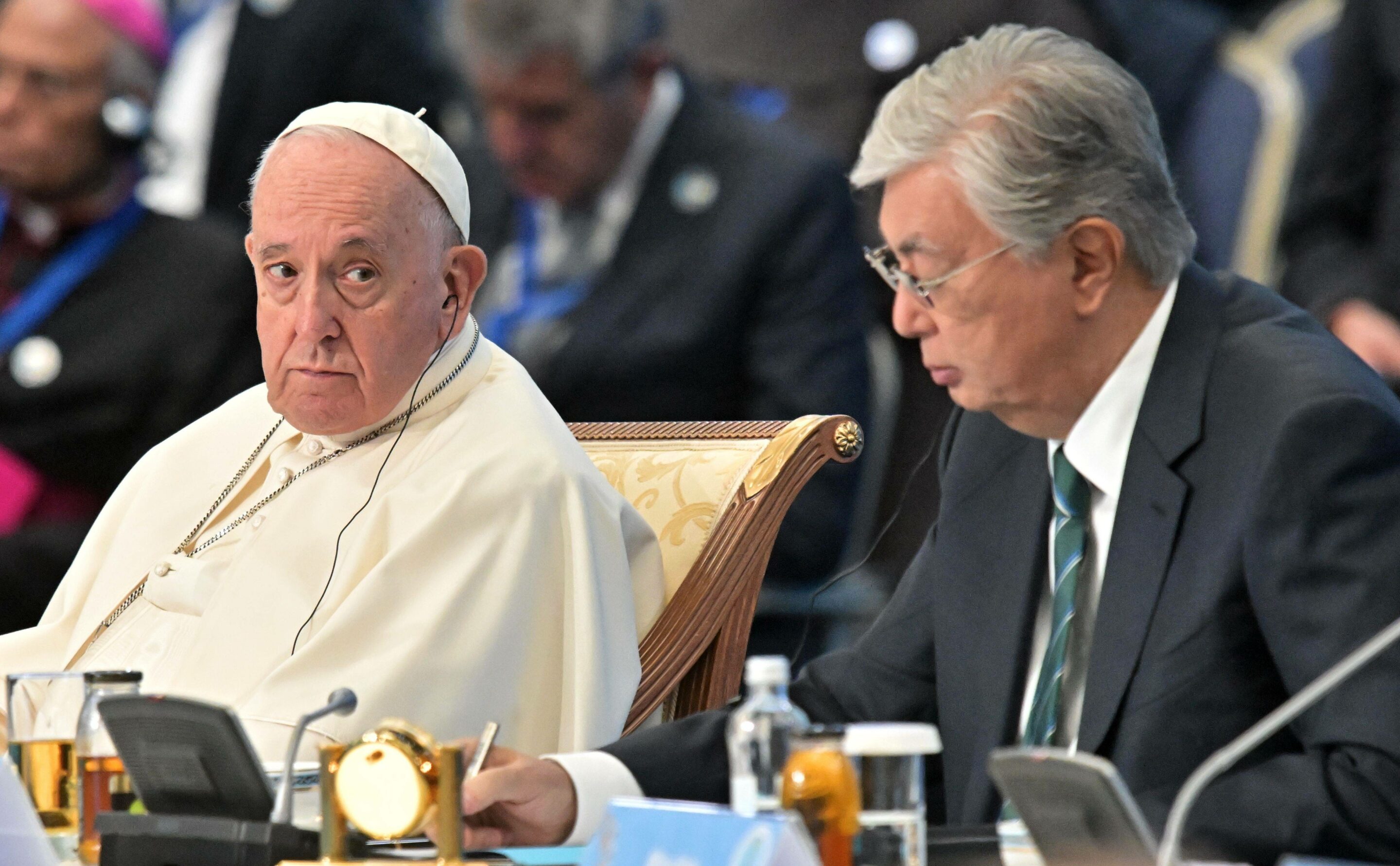 Pope Francis and Kazakh President Kassym-Jomart Tokayev, Congress of Leaders of World and Traditional Religions in Astana,/SPUTNIK_09420030/2209140949/Credit:Ilya Pitalev/SPUTNIK/SIPA/2209141507