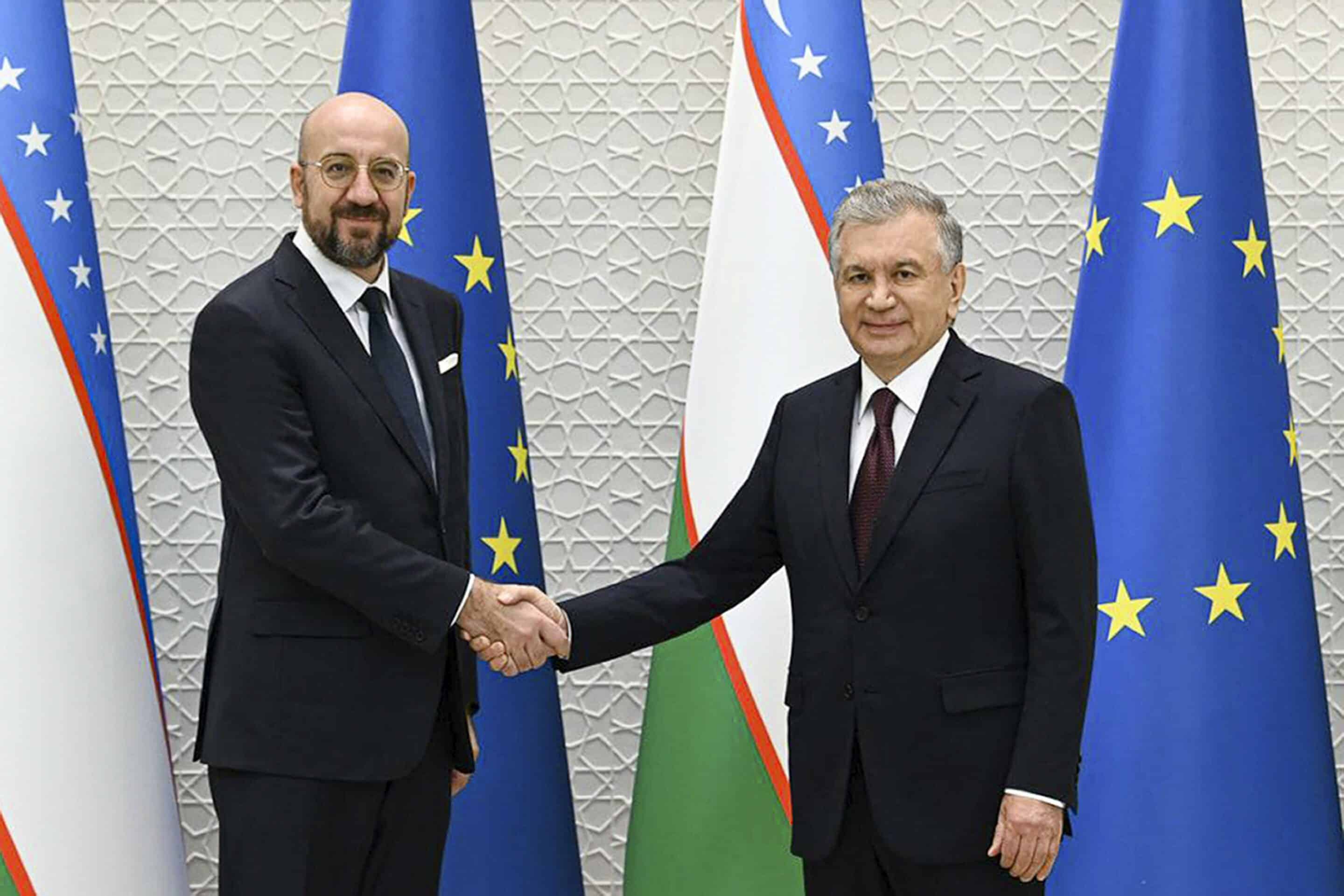 In this photo released by the Uzbekistan Presidential Press Service, Uzbek President Shavkat Mirziyoyev, right, and European Council President Charles Michel pose for a photo prior to their talks in Tashkent, Uzbekistan, Friday, Oct. 28, 2022. (Uzbekistan Presidential Press Service via AP)/XAZ104/22301314385713/AP PROVIDES ACCESS TO THIS PUBLICLY DISTRIBUTED HANDOUT PHOTO PROVIDED BY THE UZBEKISTAN PRESIDENTIAL PRESS OFFICE ; MANDATORY CREDIT./2210281051