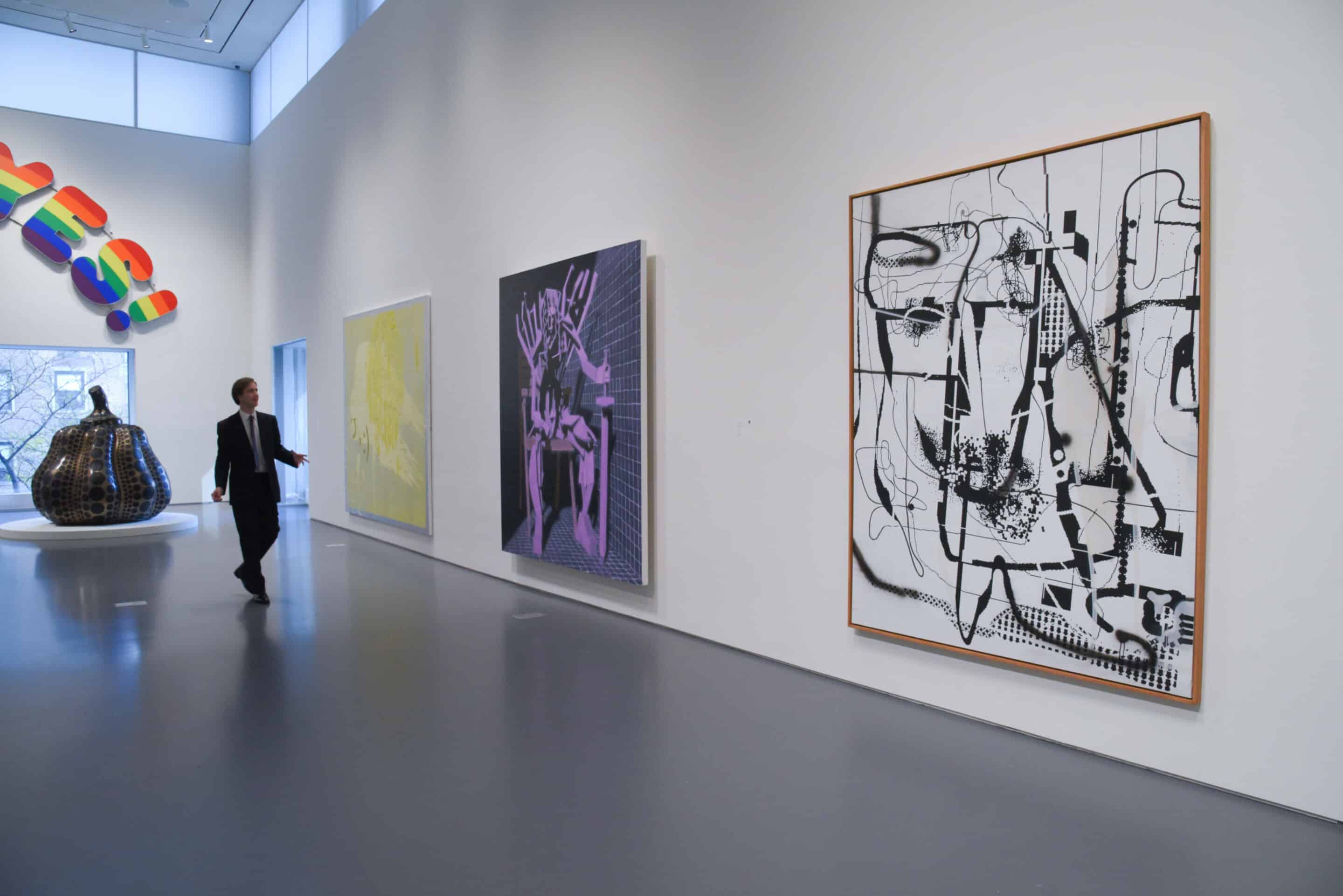 (Left) ?:), 2017, by Jacqueline Humphries, estimated $300-400 thousand, (center) Kundry, 2018, by Avery Singer estimated $1.8-2.5 Million and (right) Untitled, 1992/2004 by Albert Oehlen, estimated 1.2-1.8 Million are previewed before auction at Sotheby's in New York, NY on November 4, 2022. (Photo? by Efren Landaos/Sipa USA)/42514325//2211041954