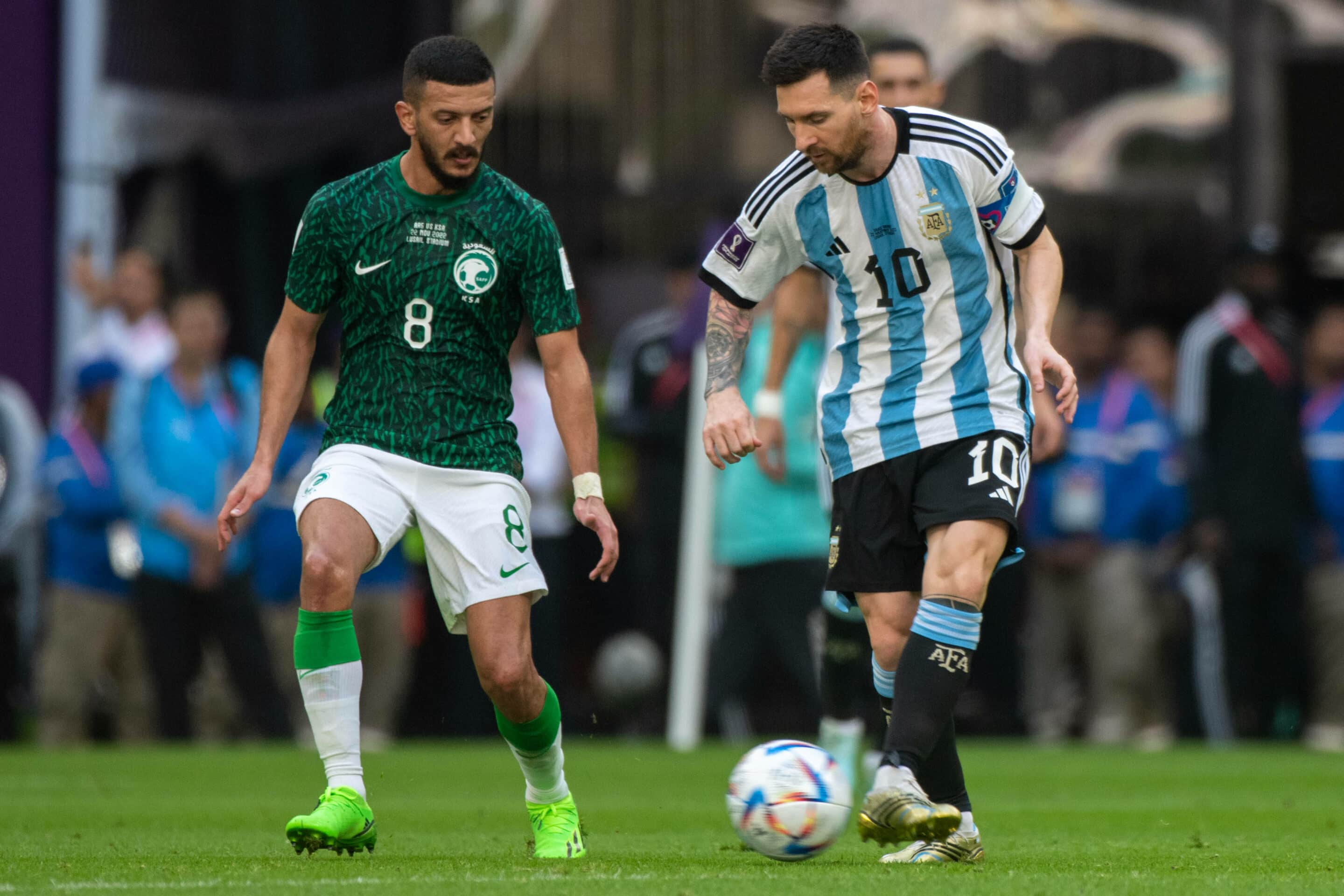 Lionel Messi of Argentina  and ABDULELAH ALMALKI of Saudi Arabia during the FIFA World Cup Qatar 2022 Group C match between Argentina and Saudi Arabia at Lusail Stadium in Al Daayen, Qatar on November 22, 2022 (Photo by Andrew Surma/ SIPA USA)/42908092//2211221557