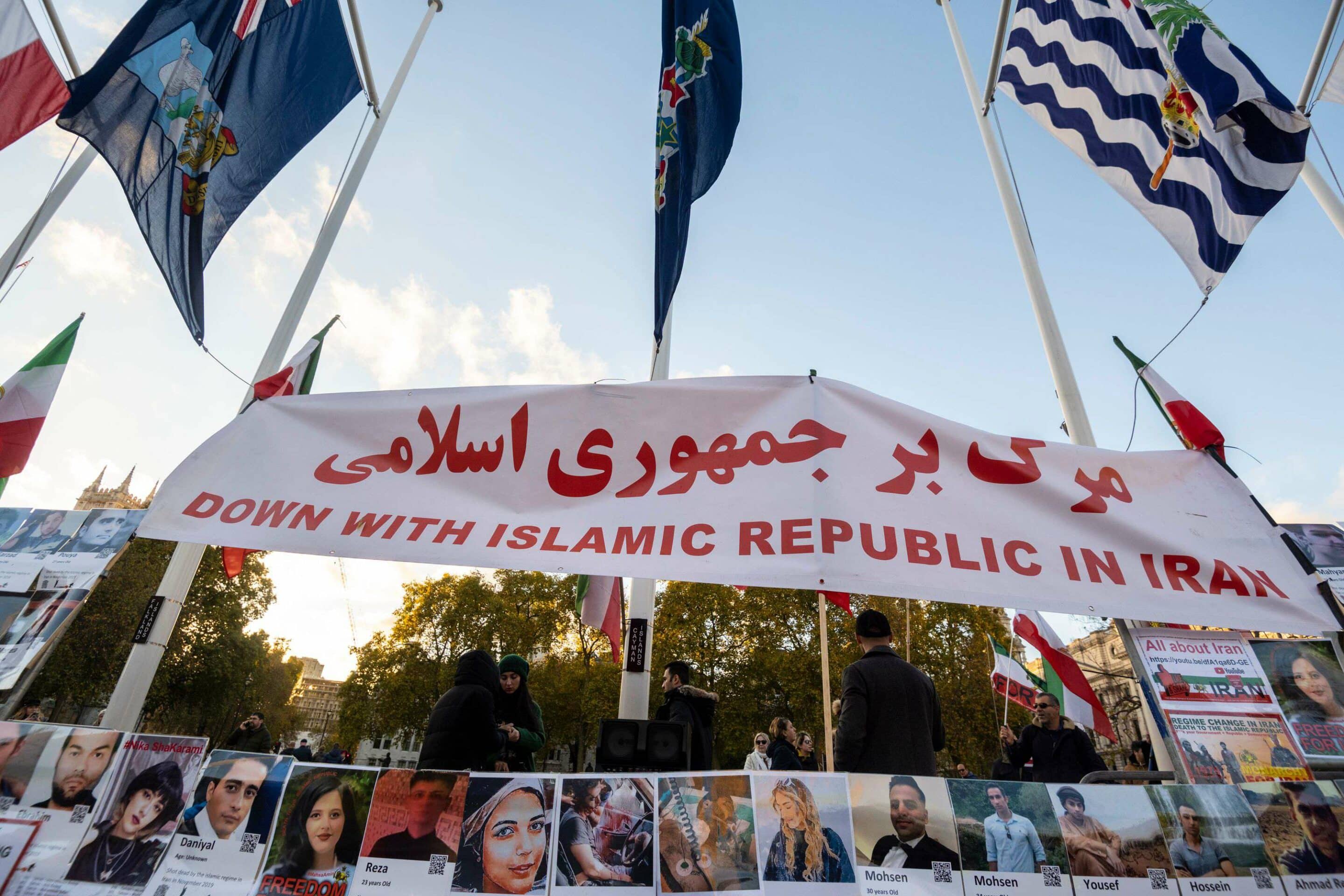 British Iranians take part in a protest from Trafalgar Square to Parliament Square demanding a regime change and rights for women in Iran. 
British Iranians protest, LONDON, UK - 19 Nov 2022/shutterstock_editorial_British_Iranians_protest_LONDO_13630489a//2211191821