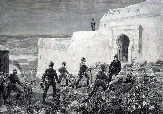 L’EXPEDITION FRANCAISE EN TUNISIE. L’ETAT-MAJOR DU GENERAL LOGEROT MONTANT A LA CASBAH DE BEJA, LE 20 MAI 1881