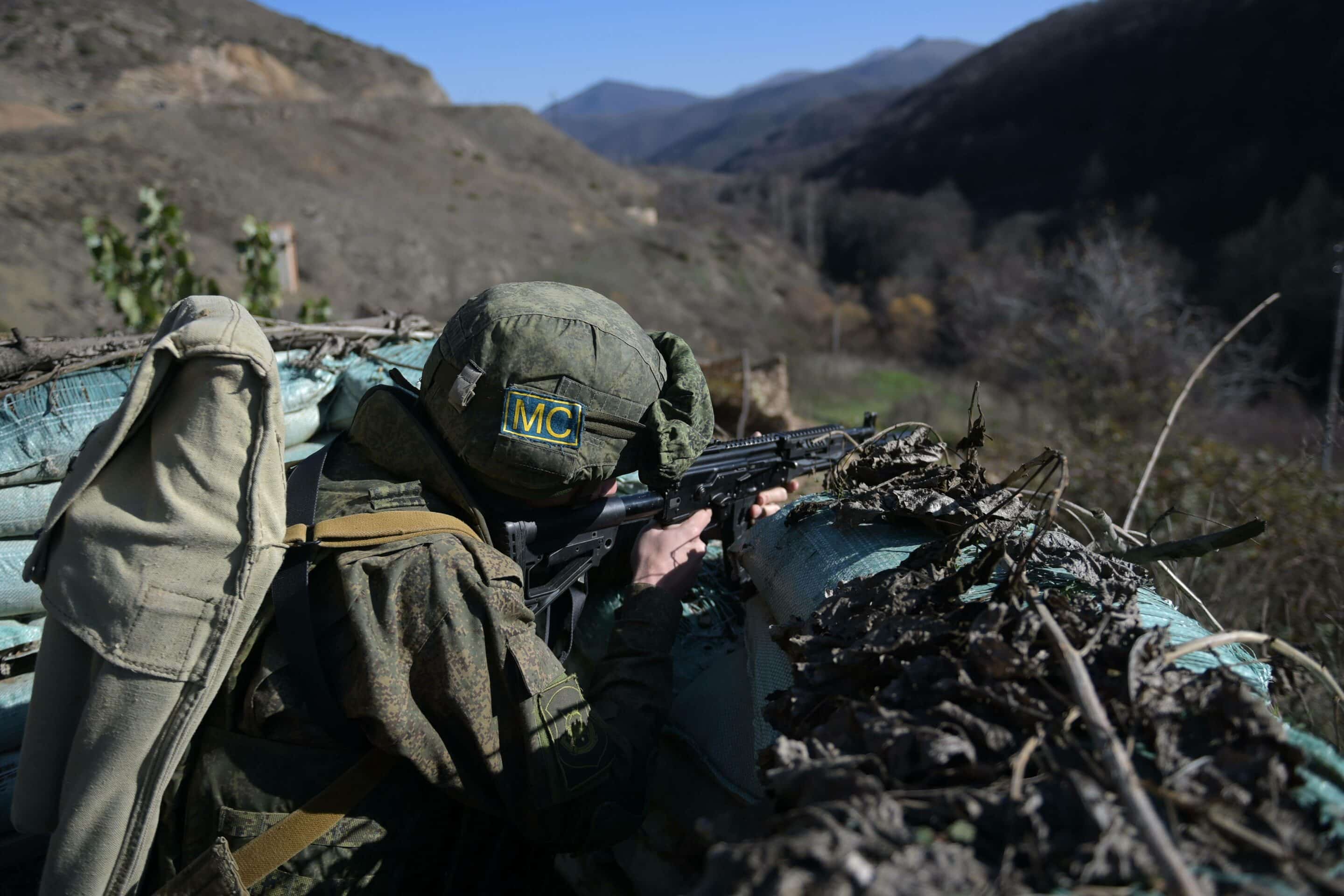 6692950 09.11.2021 A Russian peacekeeper attends a training session at an Azerbaijani military checkpoint in Lachin District, Azerbaijan. Grigory Sysoev / Sputnik//SPUTNIK_6692950_618bcccb847e1/2111101502/Credit:Grigory Sysoev/SPUTNIK/SIPA/2111101505