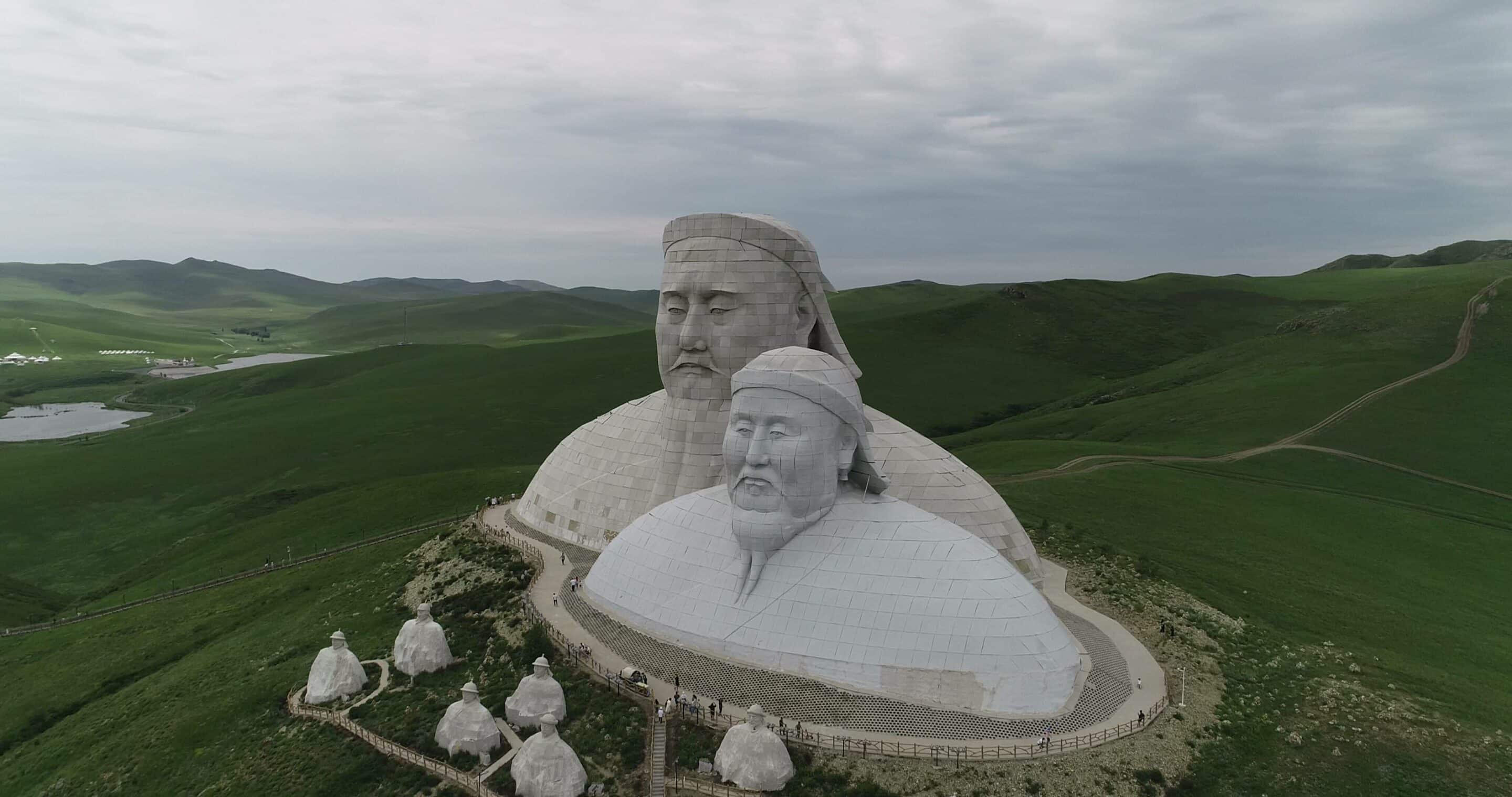 An aerial photo shows giant statues of Emperor Genghis Khan and Emperor Kublai Khan on Khan Mountain in Holingol, Tongliao City, (Photo by CFOTO/Sipa USA)/40754205//2208060702