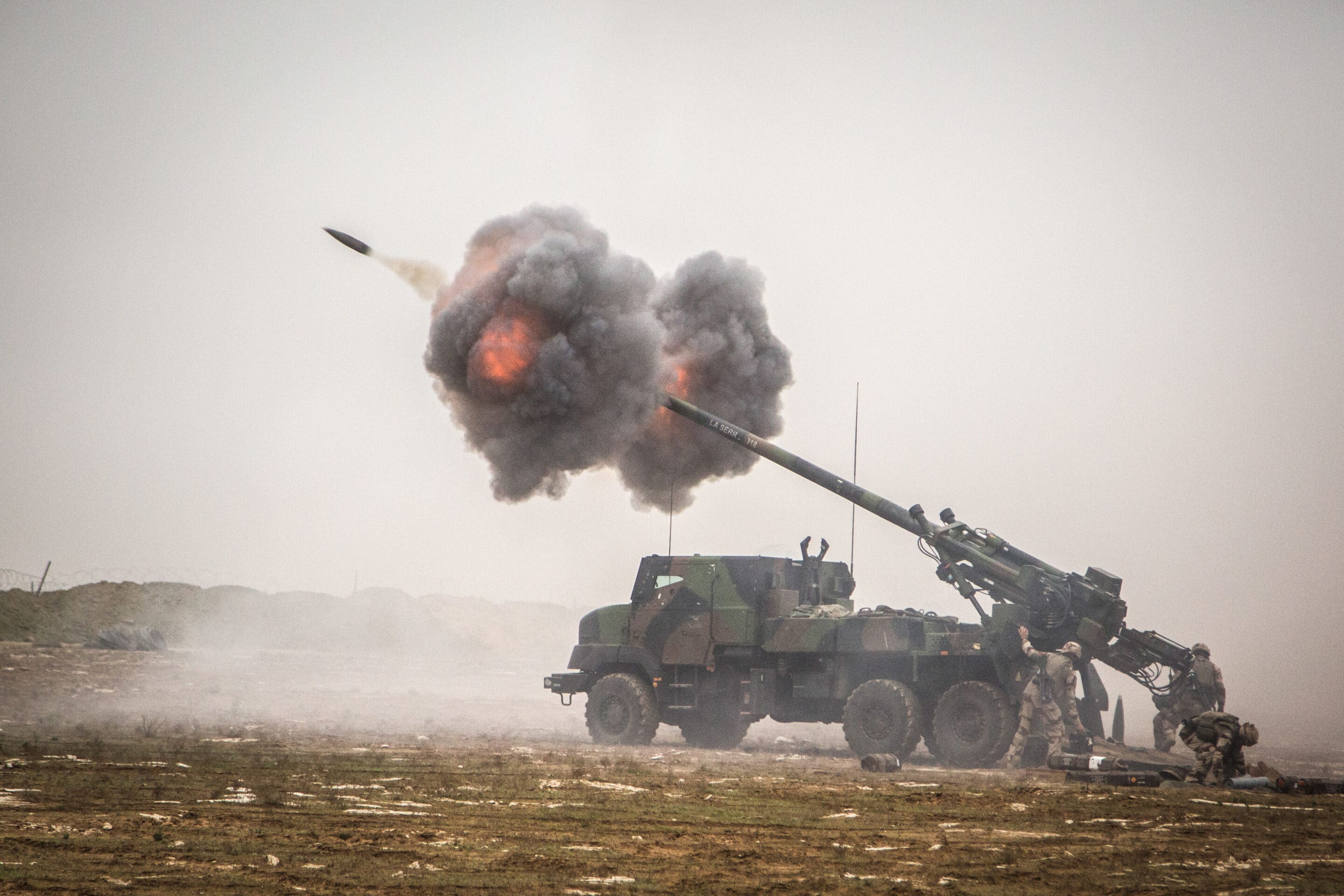 A French Caesar self-propelled howitzer fires into the Middle Euphrates River Valley in Southwest Asia, Dec. 2, 2018. (U.S. Army photo by Sgt. 1st Class Mikki L. Sprenkle)