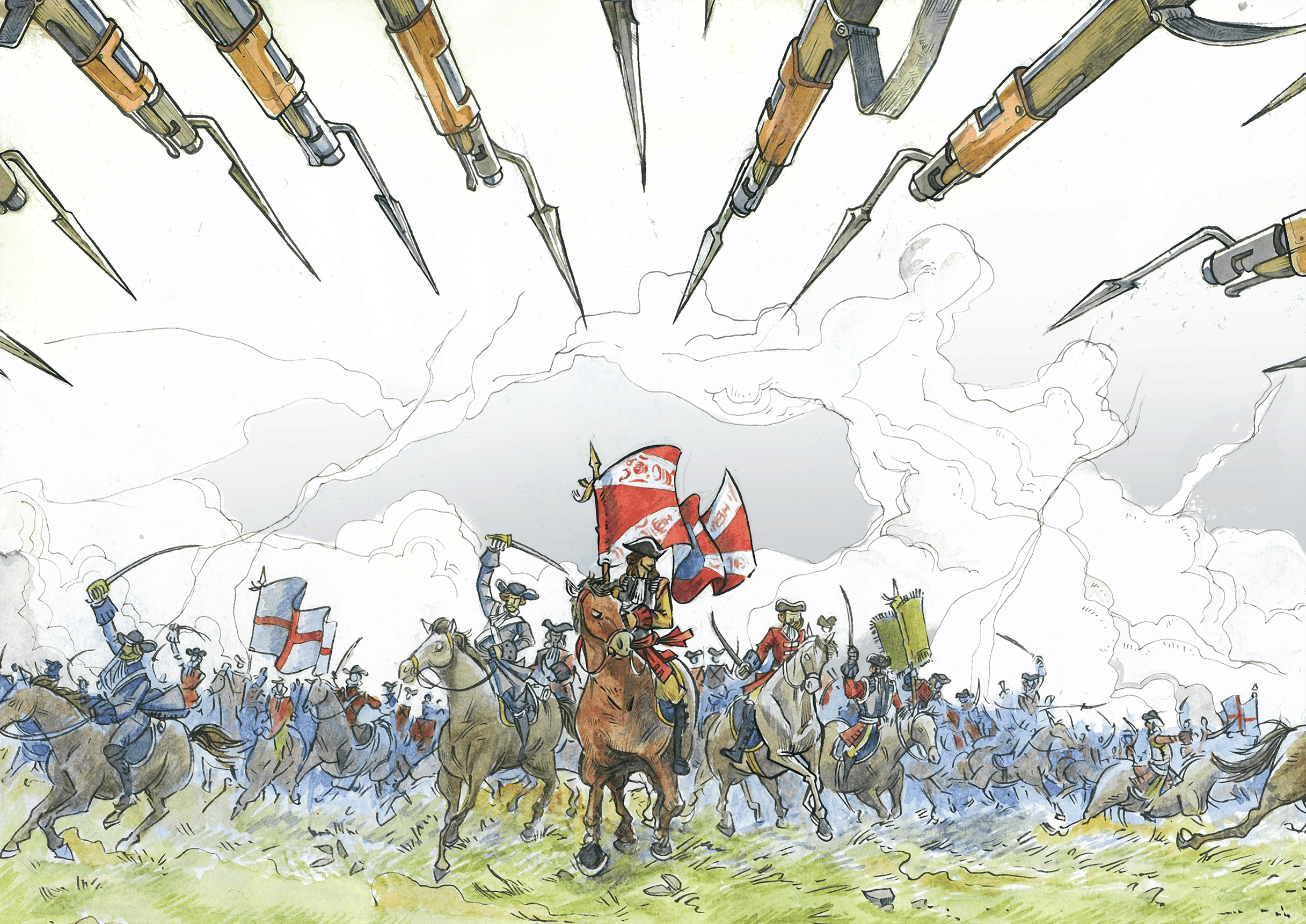 Dessin à l'aquarelle de la Bataille Malplaquet.
Crédit : dessin réalisé par Oscar Nitsch