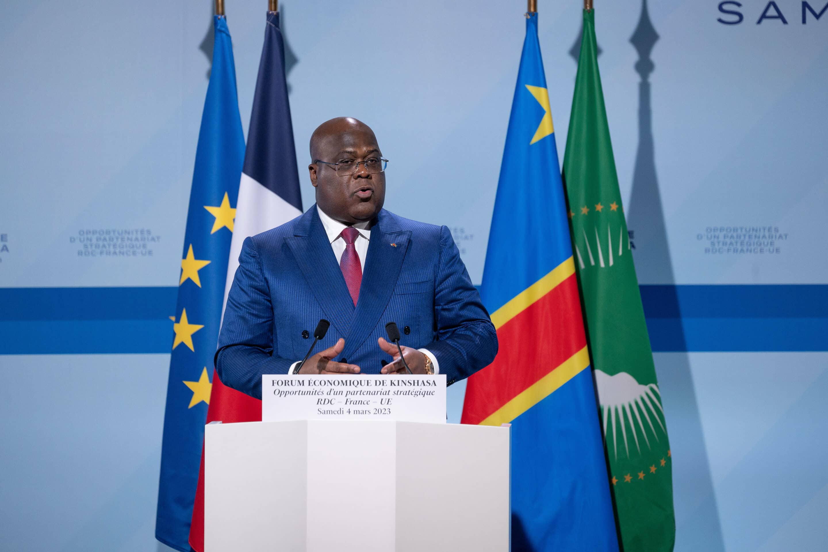 Emmanuel Macron and President Felix Tshisekedi attend an economic forum.
Kinshasa, DEMOCRATIC REPUBLIC OF THE CONGO-04/03/2023
//01JACQUESWITT_Forumeco014/Credit:Jacques Witt/SIPA/2303041915